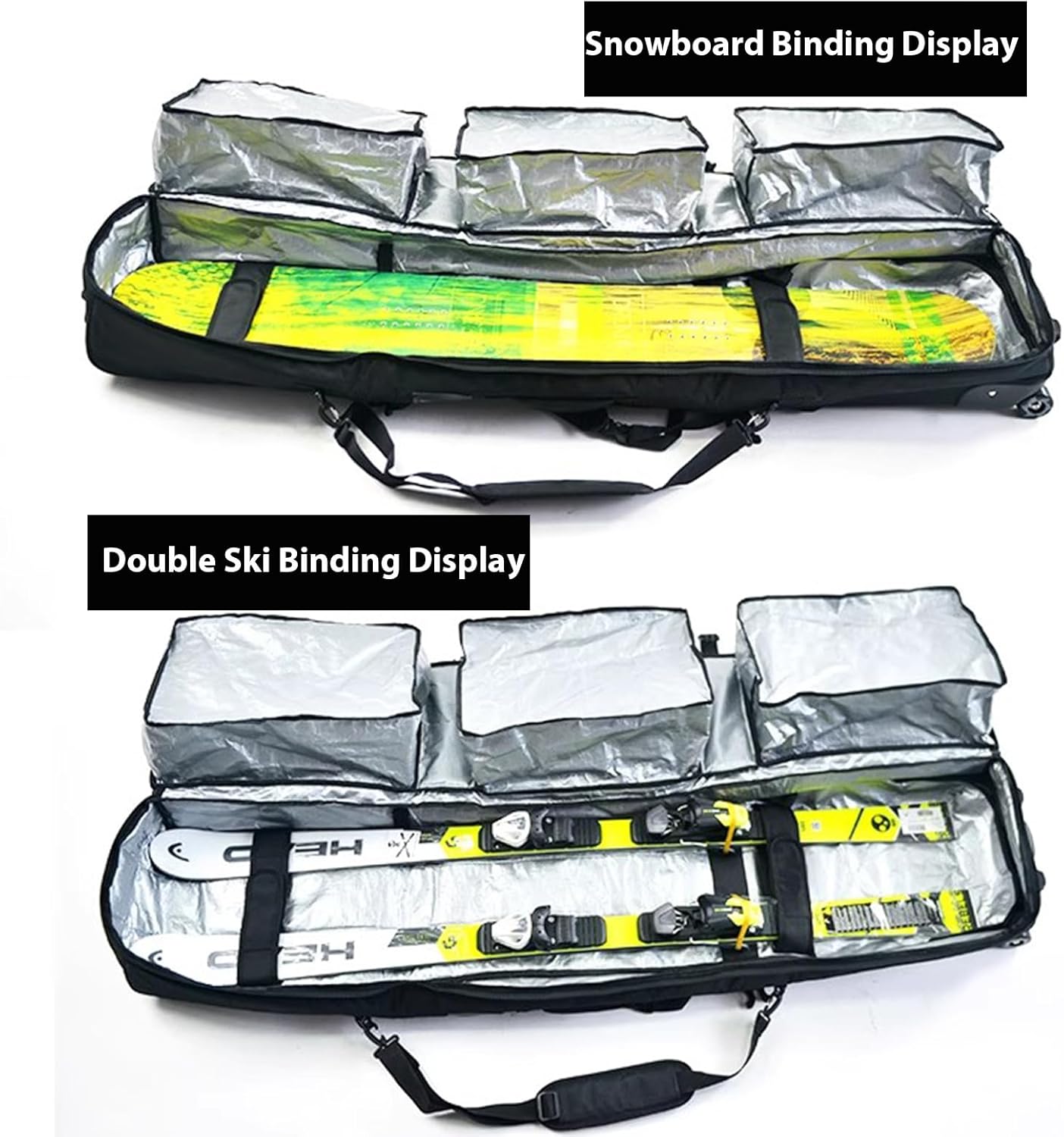 Snowboard Bag with Wheels Rolling Snowboard Bags Fully Padded Ski Bag for Air Travel Fit Single Ski/2 Sets Skis, Helmet, Jacket & Boots