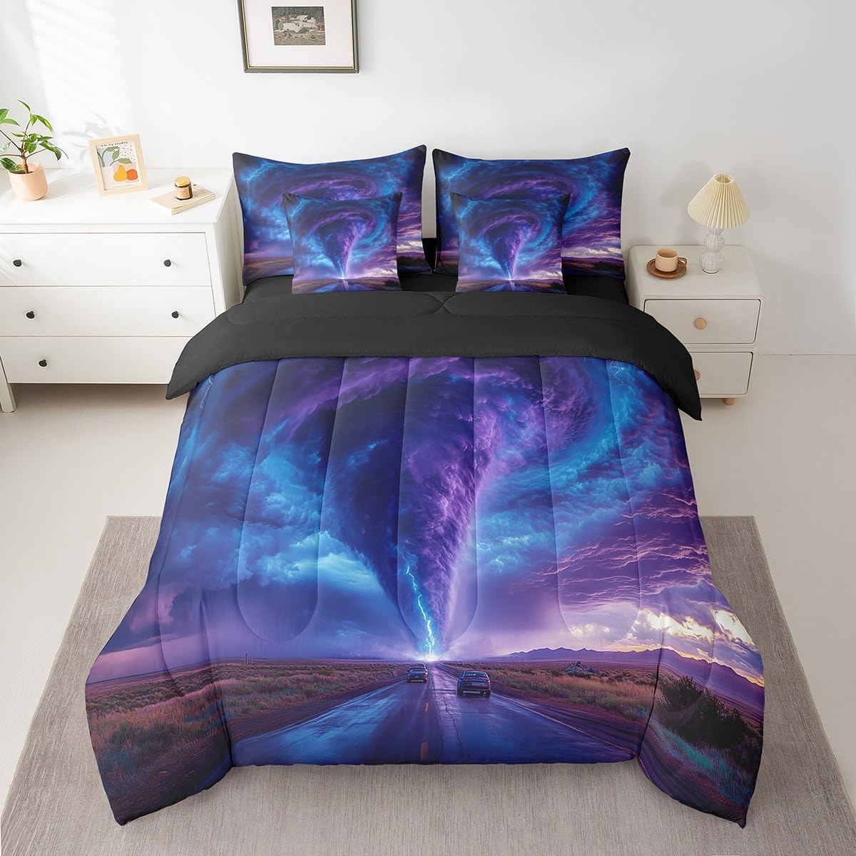 Erosebridal Nature 7 Pcs Comforter Set Full Size,Ombre Lightning Tornado Bed in a Bag with Flat Fitted Sheet for Kids Teens Adult,Dreamy Purple Blue Bedding Set with Pillowcase and Sham Reversible