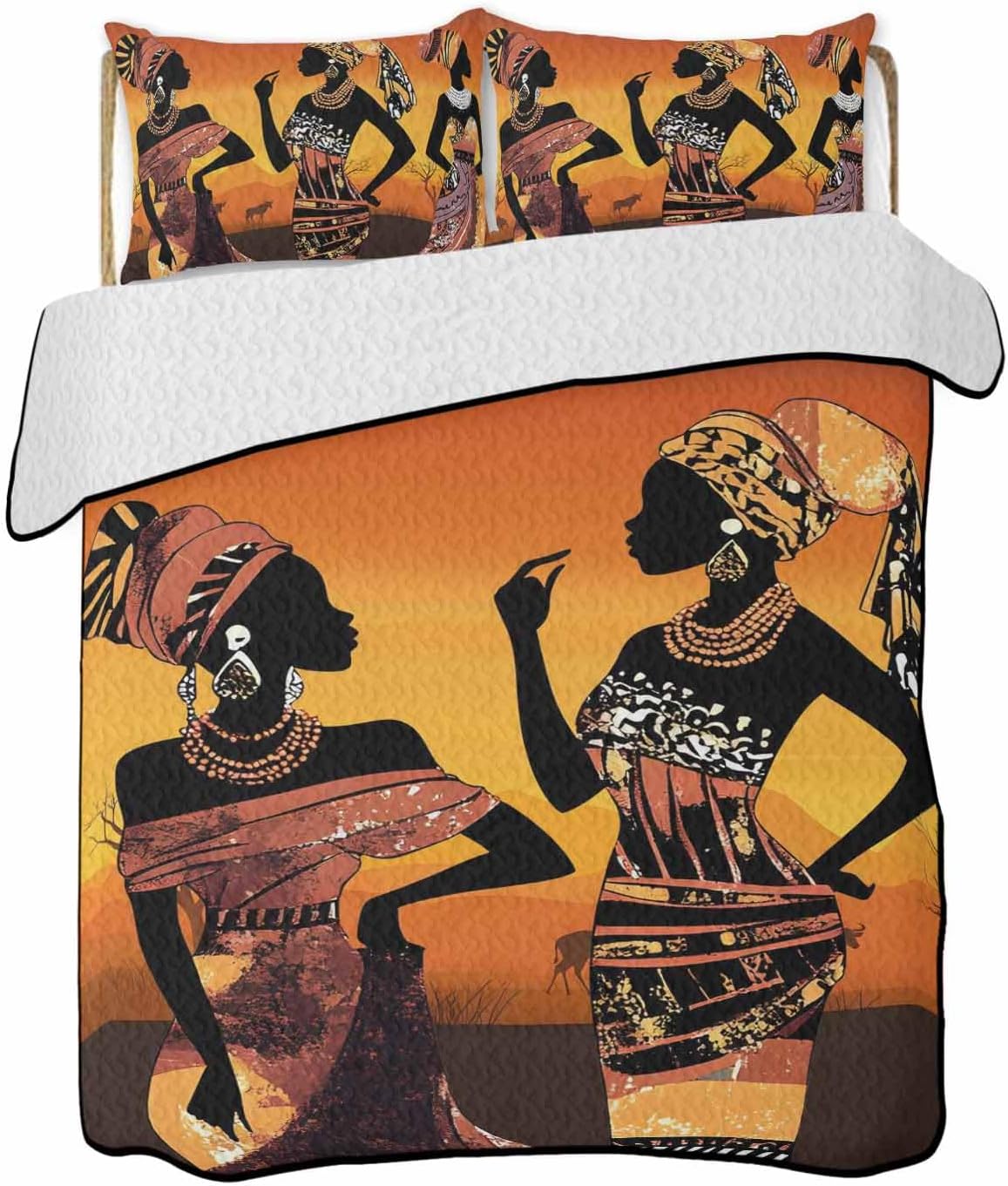 Twin XL Quilt Sets with 2 Pillow Shams, Black Orange Girls Boho Lightweight Summer Quilts Twin XL Size, Vintage Ethnic Abstract Art Bedspreads Coverlet Bedding Set 3 Pieces for All Season