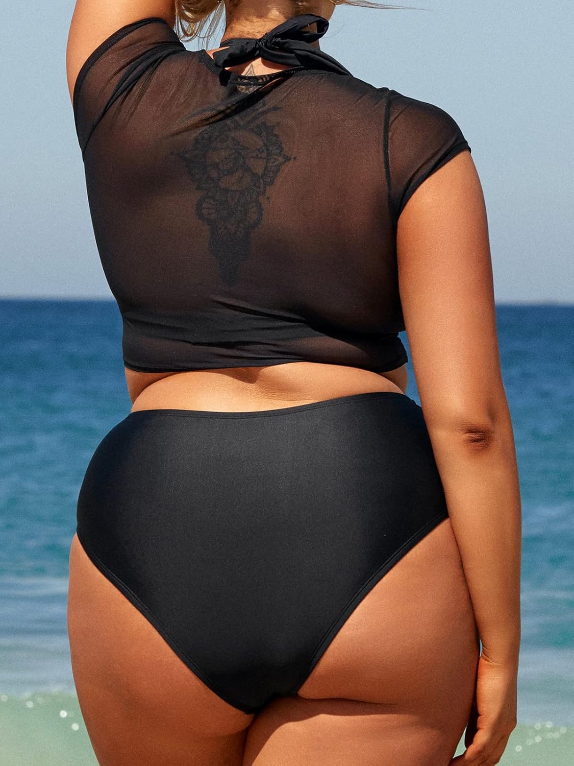 CUPSHE Women Swimsuit Plus Size Bikini Set Three Piece High Waisted Sheer Mesh Top Halter Ruched Bottom