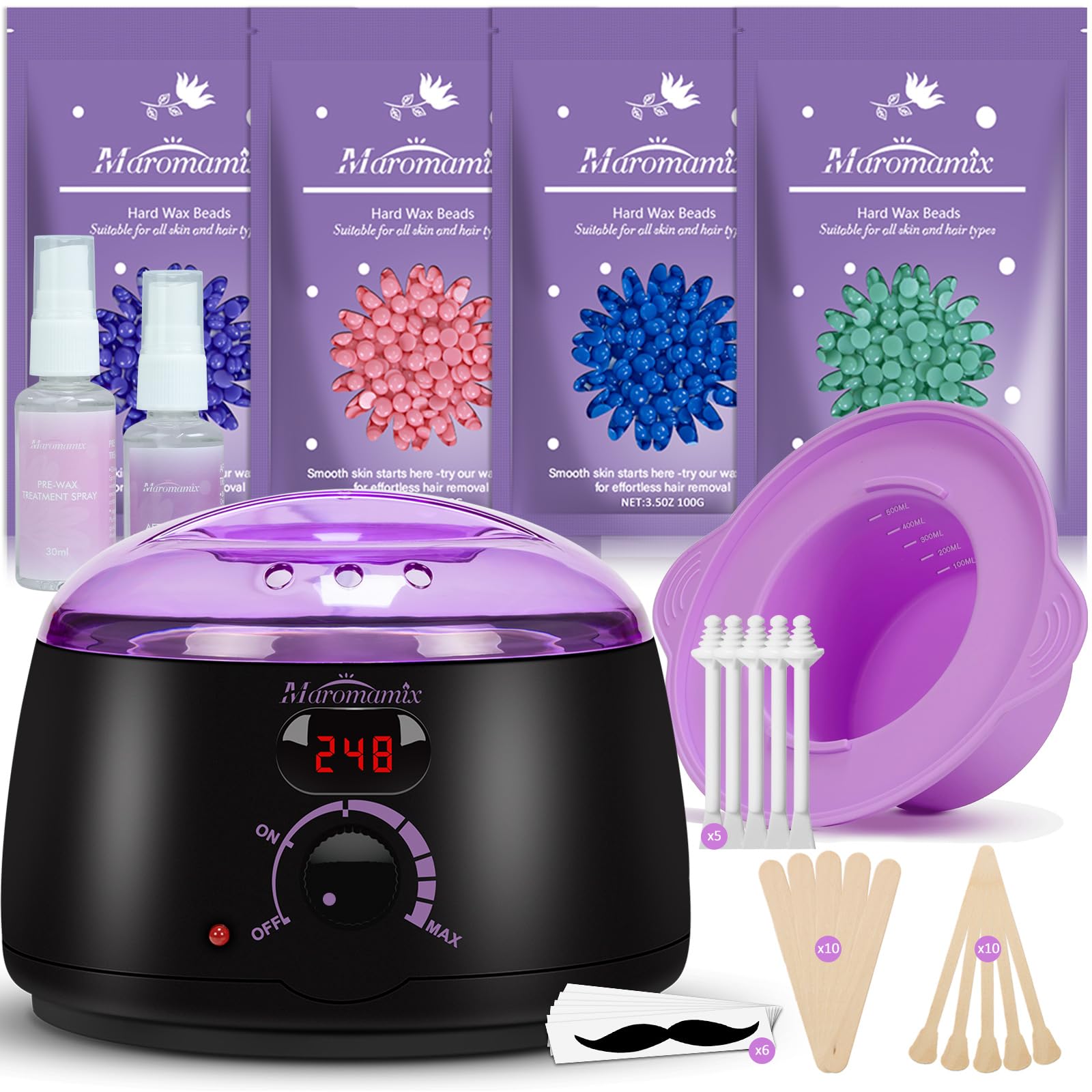 Waxing Kit -Digital Warmer Machine for Hair Removal with 4 Packs of Hard Beads & Silicone Wax Pot for Full Body, Legs, Face, Eyebrows, Bikini, Brazilian at Home Waxing Kit for Women Men