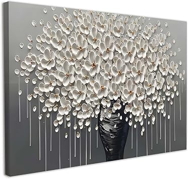 Galmcook Canvas Wall Art 12x16 Inch Framed Floral Vase Painting White Flowers Modern Wall Decoration for Living Room Bedroom Hallway and Stairs Artwork Wall Pictures with Hooks and Magic Tape