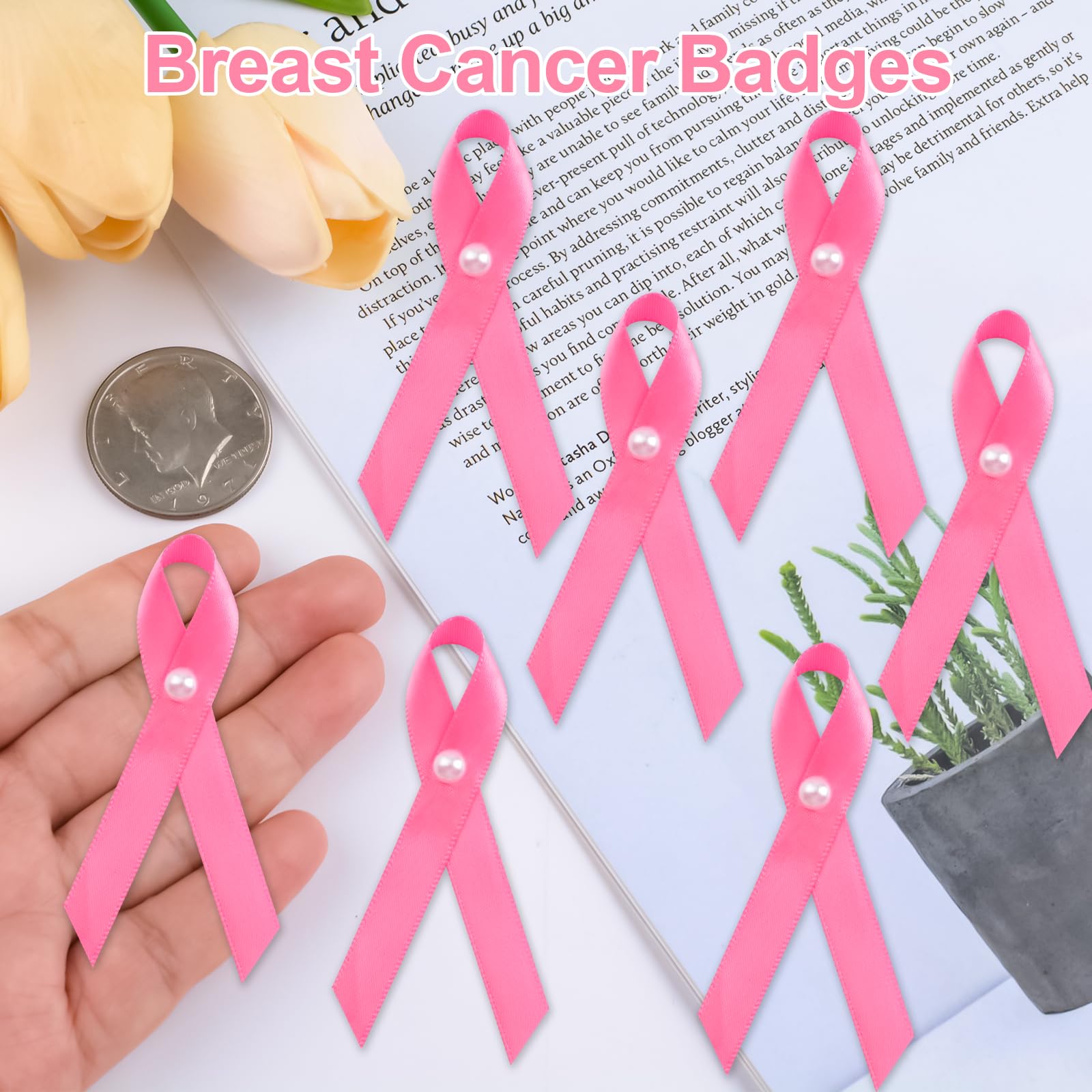 50 Spille A Nastro Rosa Per Sensibilizzazione Cancro Al Seno - Nastri Satino Con Spilla Da Balia - Foto 6