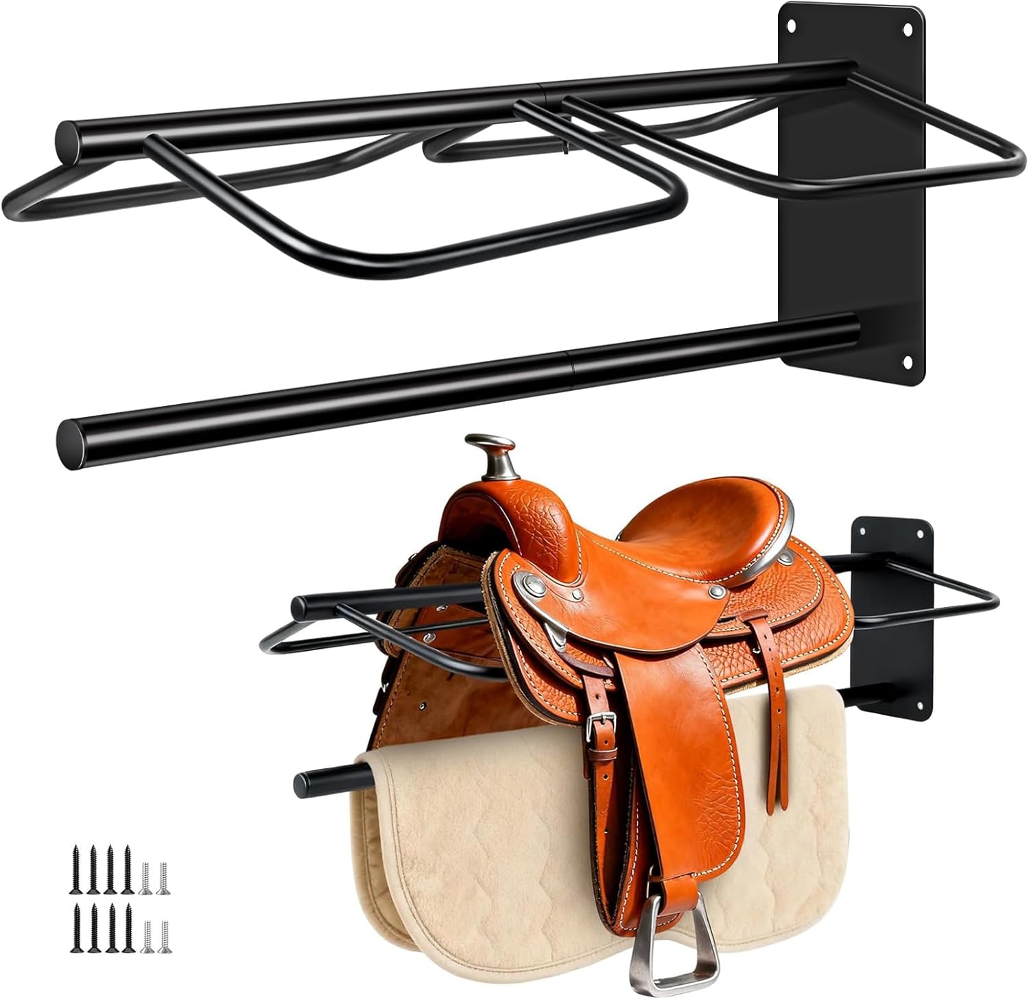 2 Pack Saddle Rack with Pad Bar, Heavy Duty Wall Mounted Saddle Holder for Western & English Saddles, Carbon Steel Rack for Horse Blankets & Tack