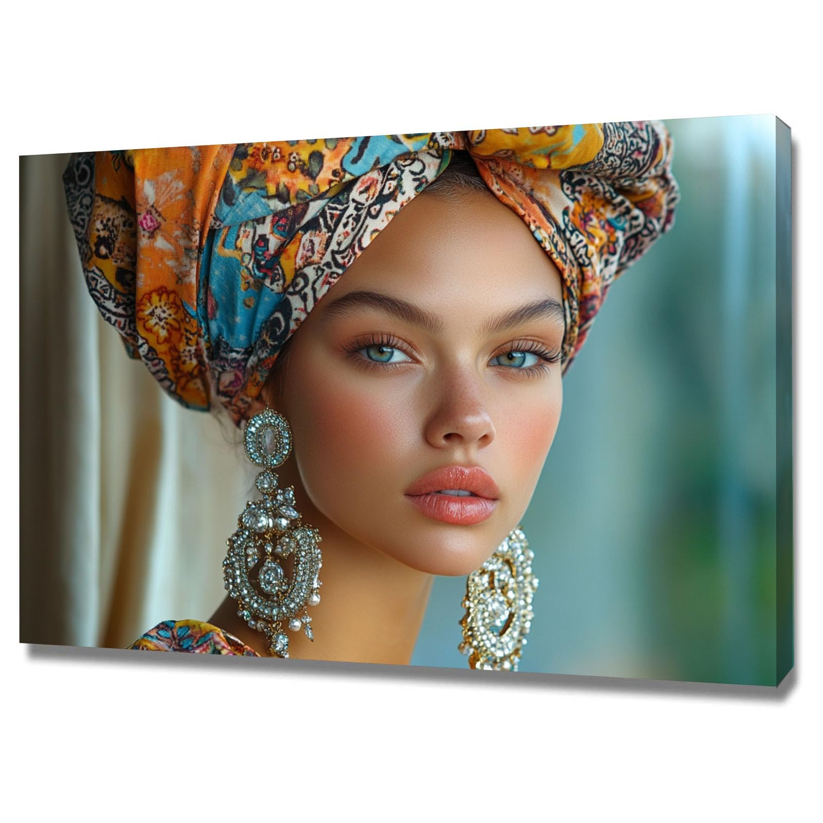 TERUEA Beautiful Girl Animals Poster Canvas Art Wall Decor Woman With Colorful Floral Turban And Earrings Picture Prints for Girls Room Bedroom Wall Decor(Multi)-20x30cm Framed