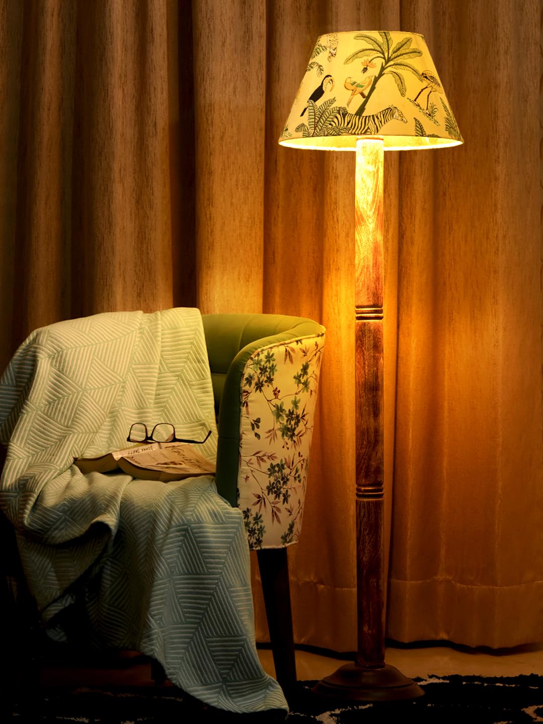 Green Girgit Floor Lamp Brown Ring with Multicolor Taper Green Lamp Shade | Light Decoration for Home | Living Room & Bedroom Bedside Floor Lamp | Wooden Floor Lamp-image-36