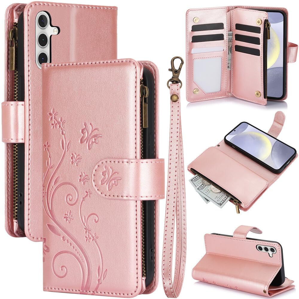Coque Samsung A71 4G avec fermeture éclair et portefeuille motif cuir or rose