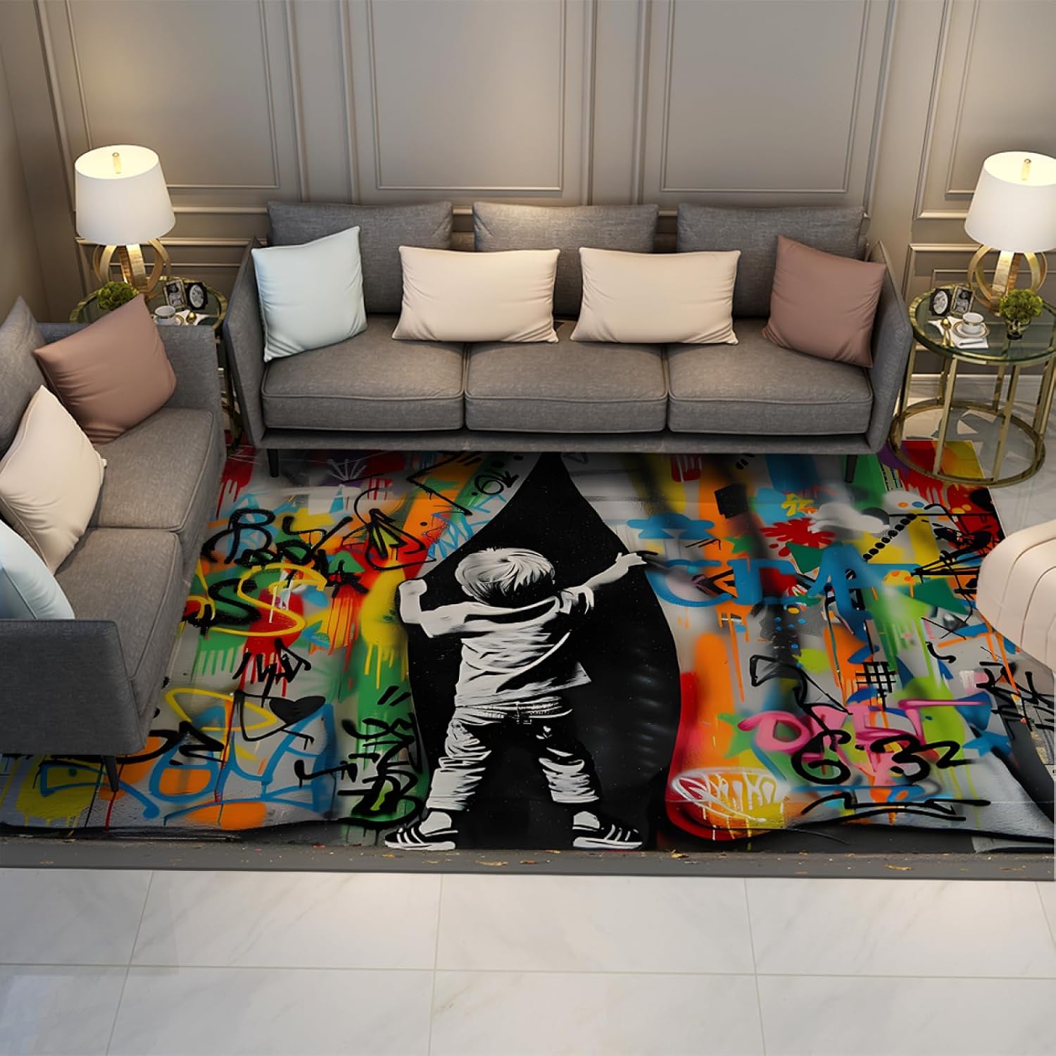 Kids Rug Nursery Area Rug Colorful Graffiti Floor Carpet Cute Boy Pattern Rug for Living Room Bedroom Playroom Low Pile Door Mat 6'x10'