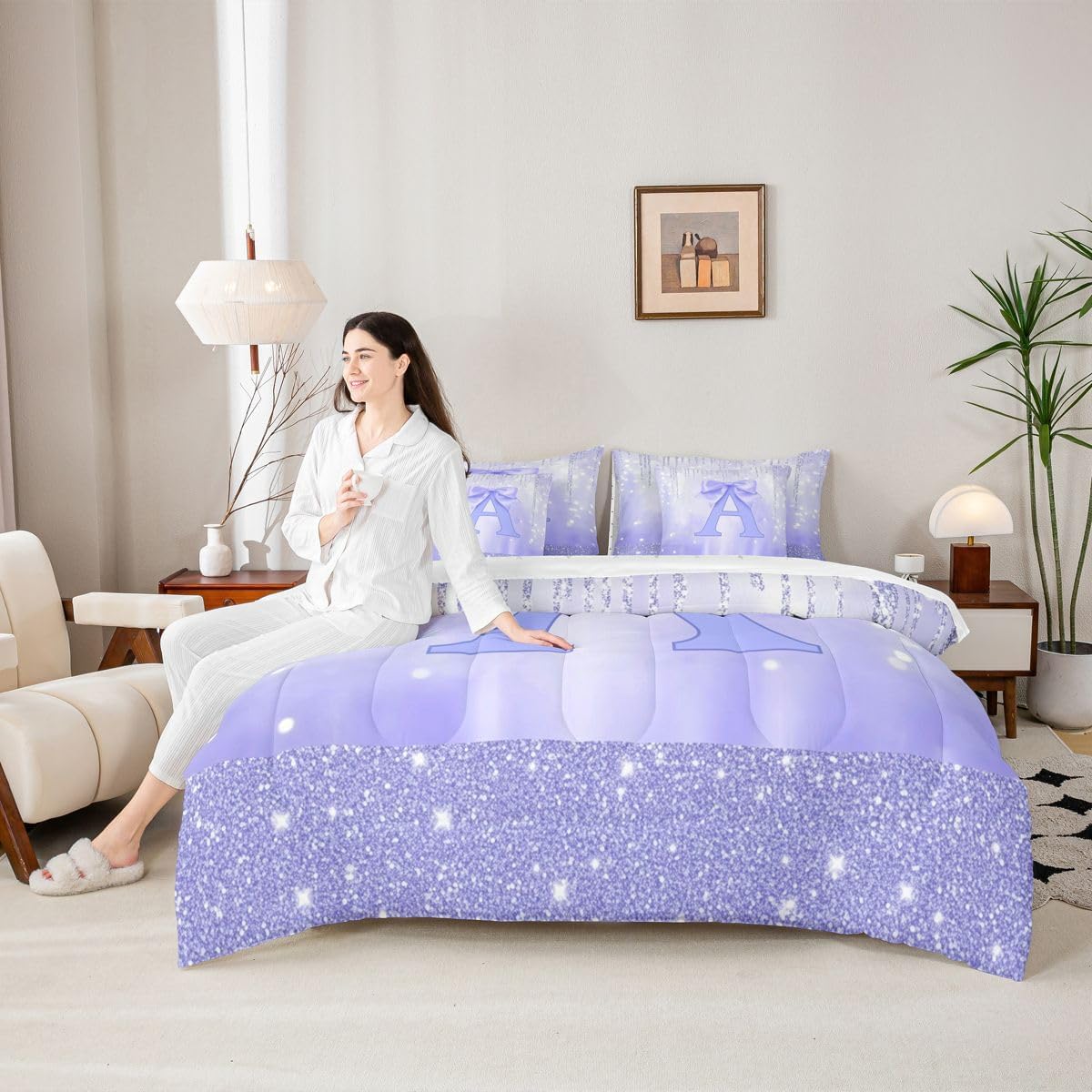 Feelyou Purple Bowknot Comforter Set with Sheets 7 Piece Twin Size Initial Letter A Bedding Set for Kids Boys Girls Princess Glitter Bed in a Bag Cute Bow Alphabet Room Decor Soft