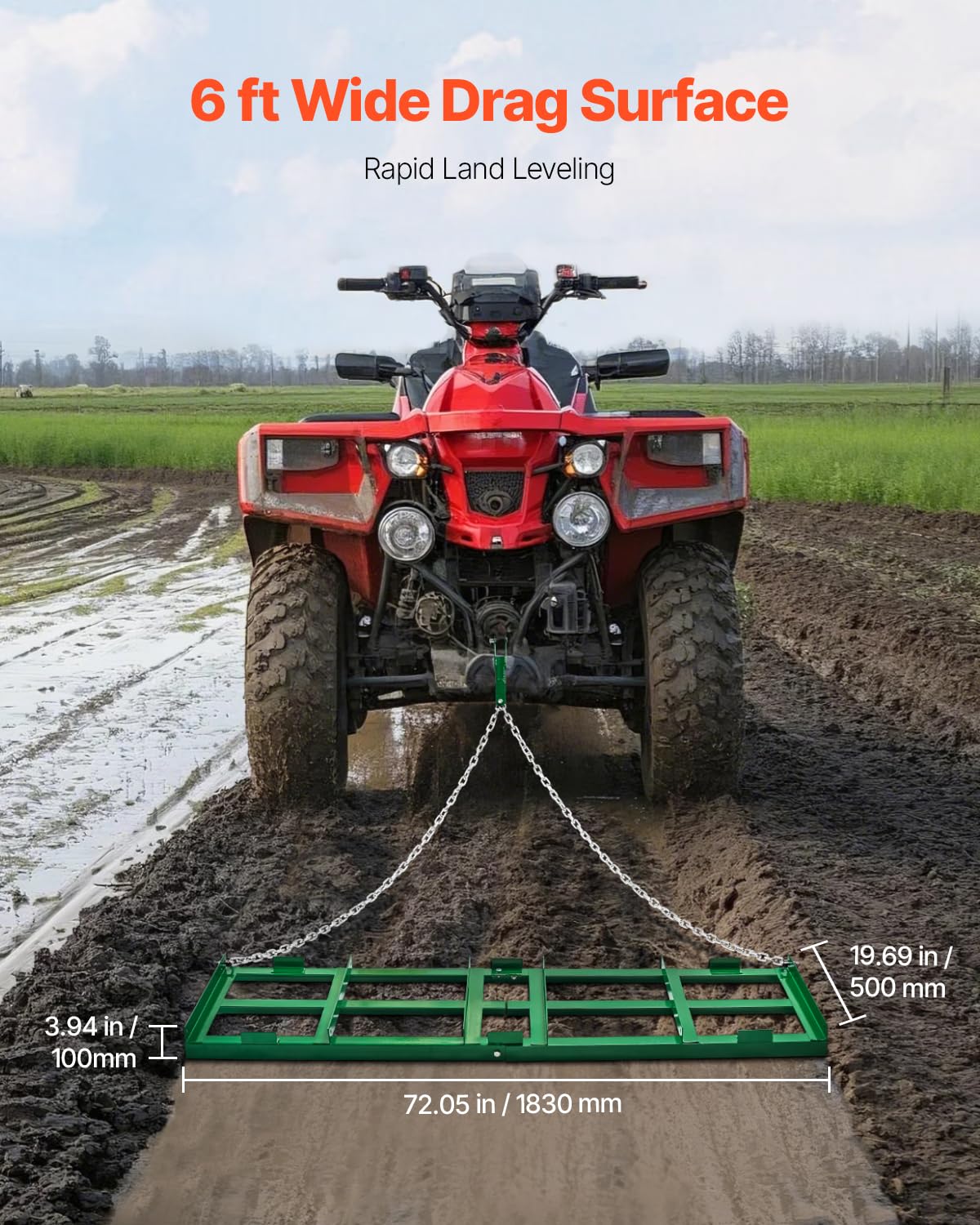 VEVOR Erpice Trainato per Impieghi Gravosi con Barre Regolabili e Catena 1830 mm, per Vialetti per ATV, UTV, Trattore, Tosaerba Trainato Dietro Strumento di Livellamento del Prato Cortile