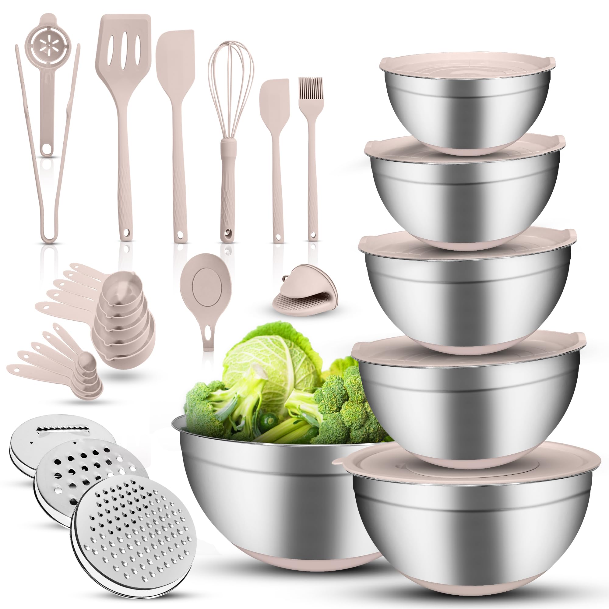 MANNY Stainless Steel Mixing Bowl Set with Airtight Lids – 6-Piece Nesting Bowls, Non-Slip Base, 3 Graters, Measuring Cups & Spoons, Whisk, Spatula – Kitchen Bowl Set for Baking & Food Storage.