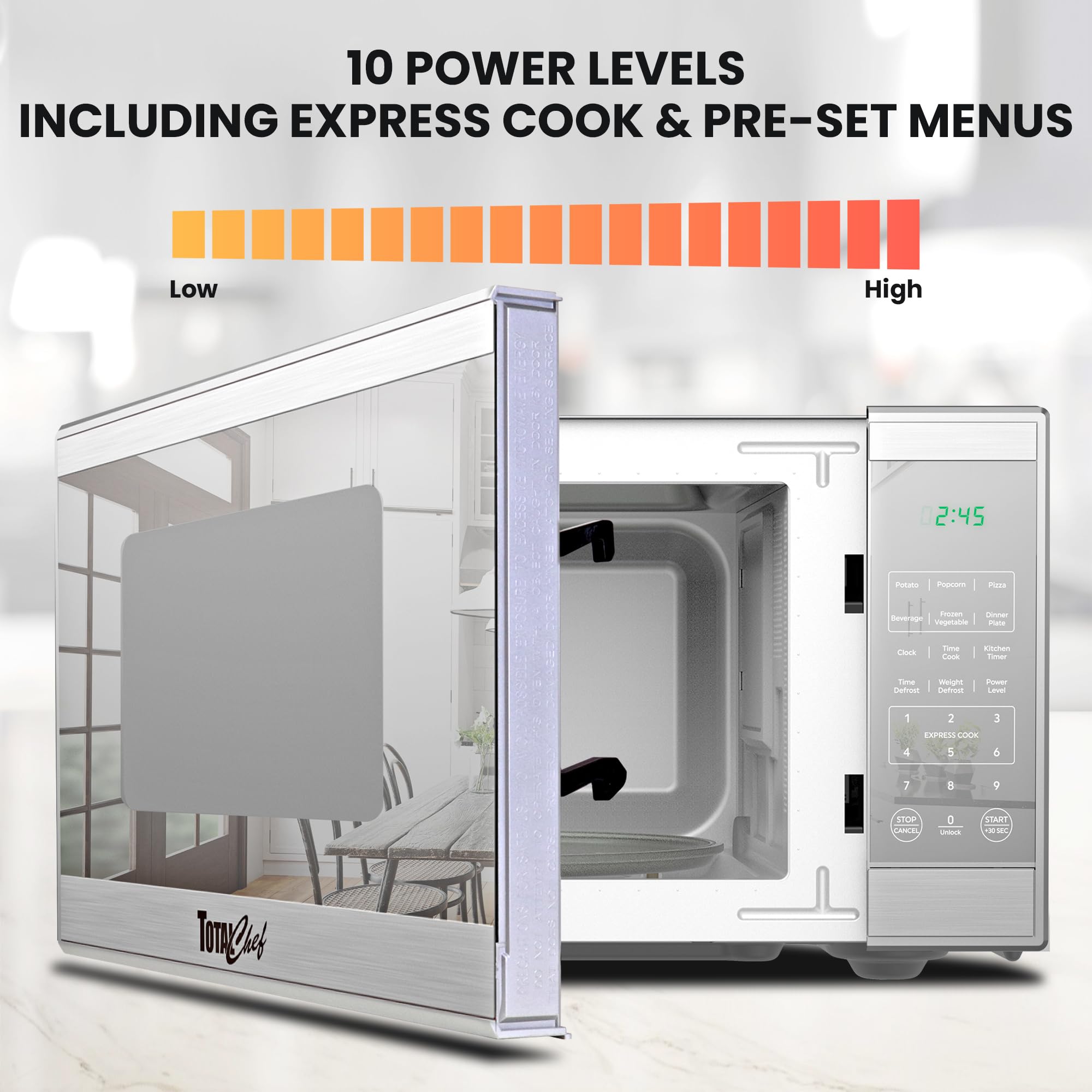 Total Chef - Horno de microondas compacto para encimera, 1100 W, capacidad de 1.3 pies cúbicos, controles de visualización táctil digitales, apertura de botón pulsador de un solo toque, 6 modos de