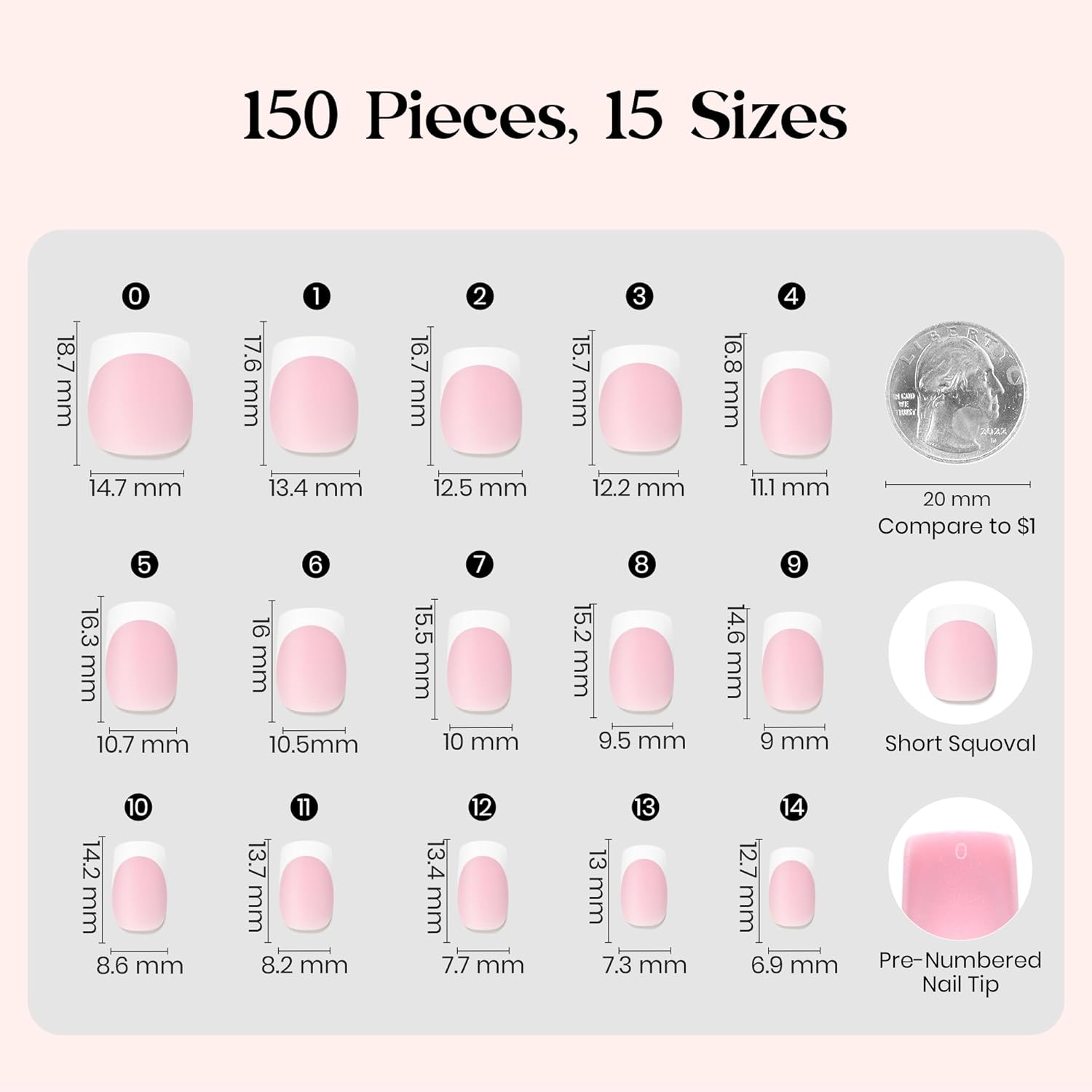 Beetles French Tips Press On Nails - Pearl French | Pink Press On Nails Short Square 150 Pcs Fake Nail Tips, Soft Nail Gel False Nails Art DIY Gifts for Women