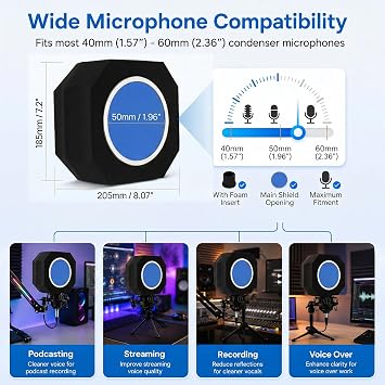 Professional Microphone Isolation Shield with Pop Filter,Reflection Filter for Recording Studios, Sound-absorbing Foam for Noise and Reflection Reduction for Recording,Singing,Podcasts,live stream | Acoustic Foam Reflection Control with Dual-Layer Pop Filter; fits 40-60mm Mics for Rodcasting, Coice-Over and Streaming