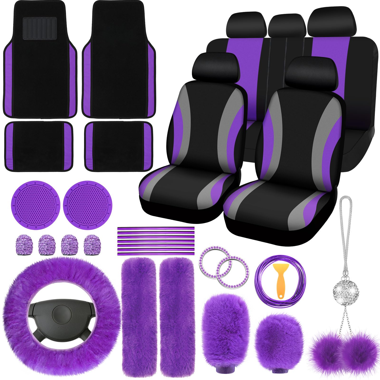 ROCEEI 47 Pcs Car Seat Cover Full Set Car Accessories, Purple
