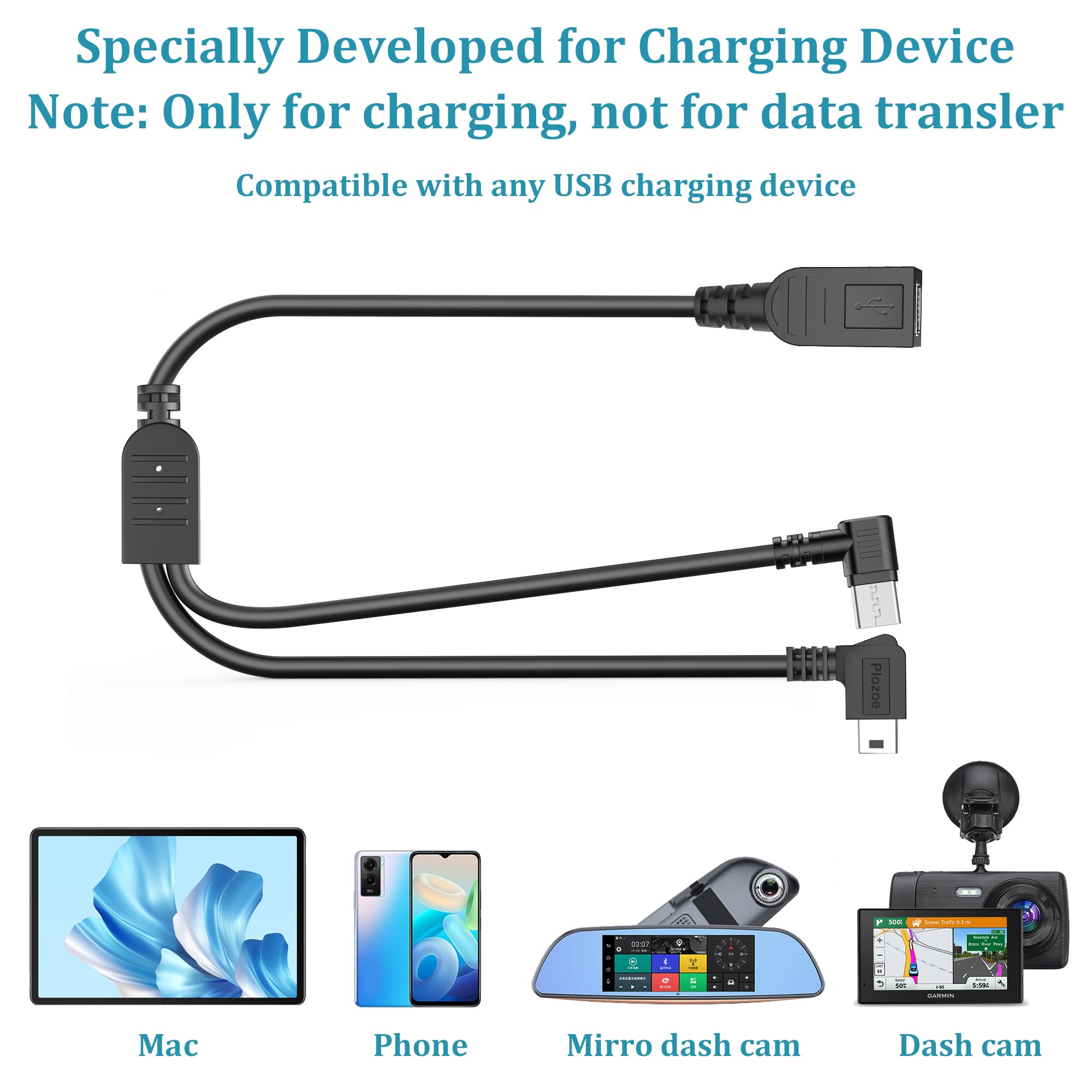 Mini USB To Mini/USB-C Split Charging Cable - 5.9 Inch For GPS, Dash Cams, Backup Cameras