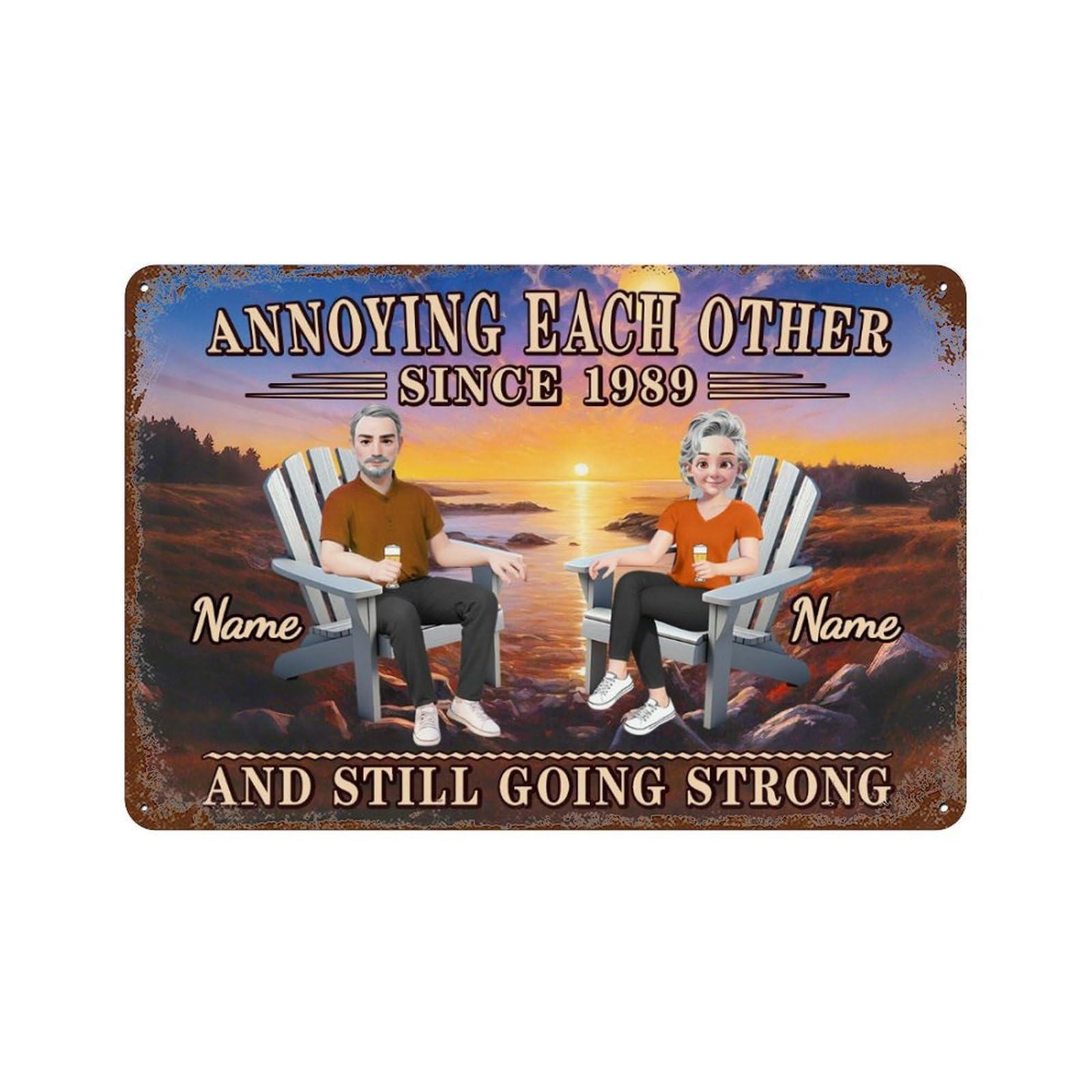 Personalized Annoying Each Other Since and Still Going Strong Couple Metal Sign for Lover Her Him Custom Couple Names Cartoon Portrait Sunset Sea View Rustic Sign for Patio Garden Farmhouse Porch โ image 1