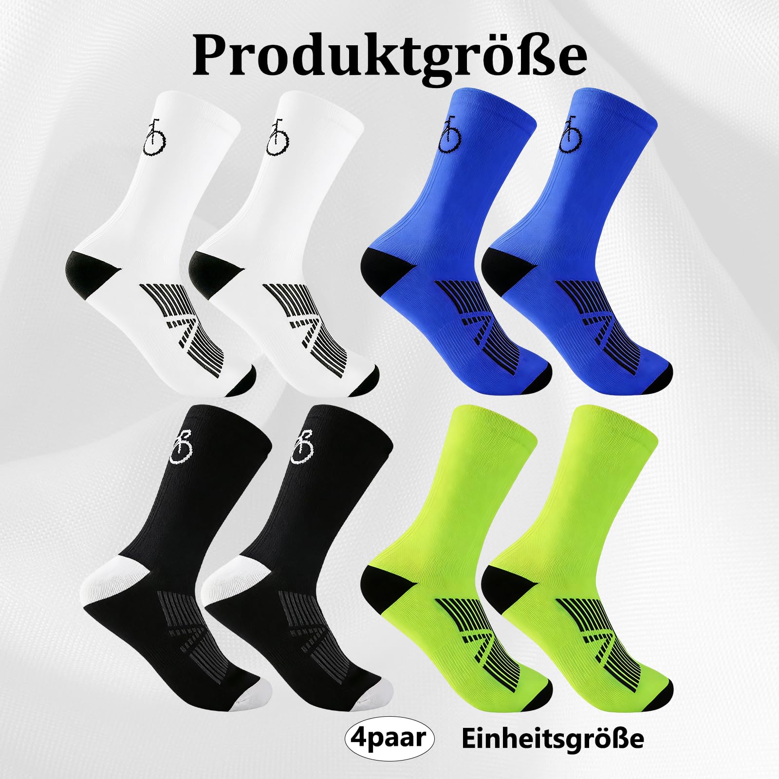 4 Stück Fahrrad Socken, Fahrradsocken Herren, Radsocken Herren, Socken Set in Weiß Schwarz Neon Grün Blau, Atmungsaktive Socken für Radfahren