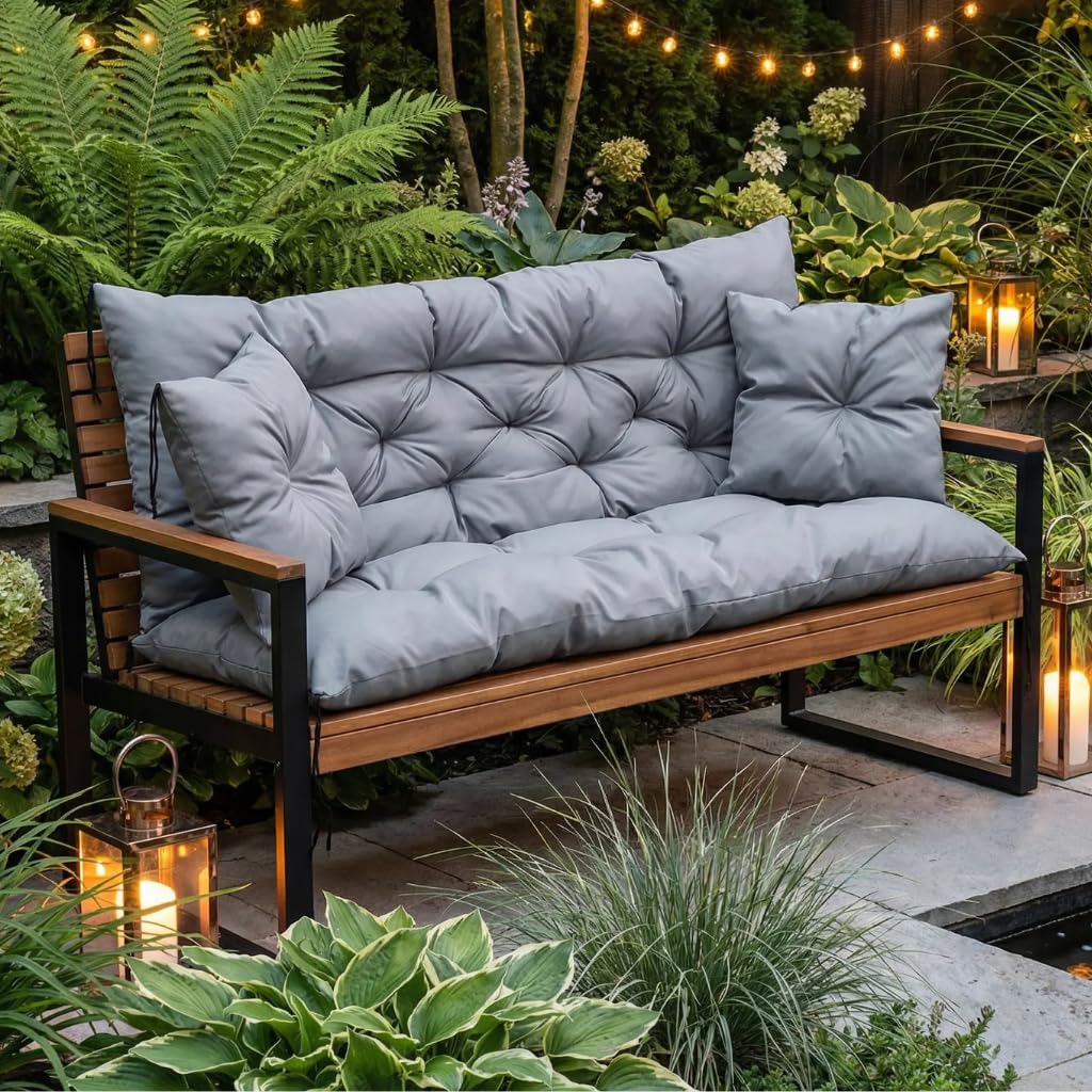 Hollywoodschaukel Auflage Grau 150x60x50 cm, wasserabweisendes Sitzkissen inklusive 2 Kissen, Outdoor Auflage für Gartenbank und Schaukel