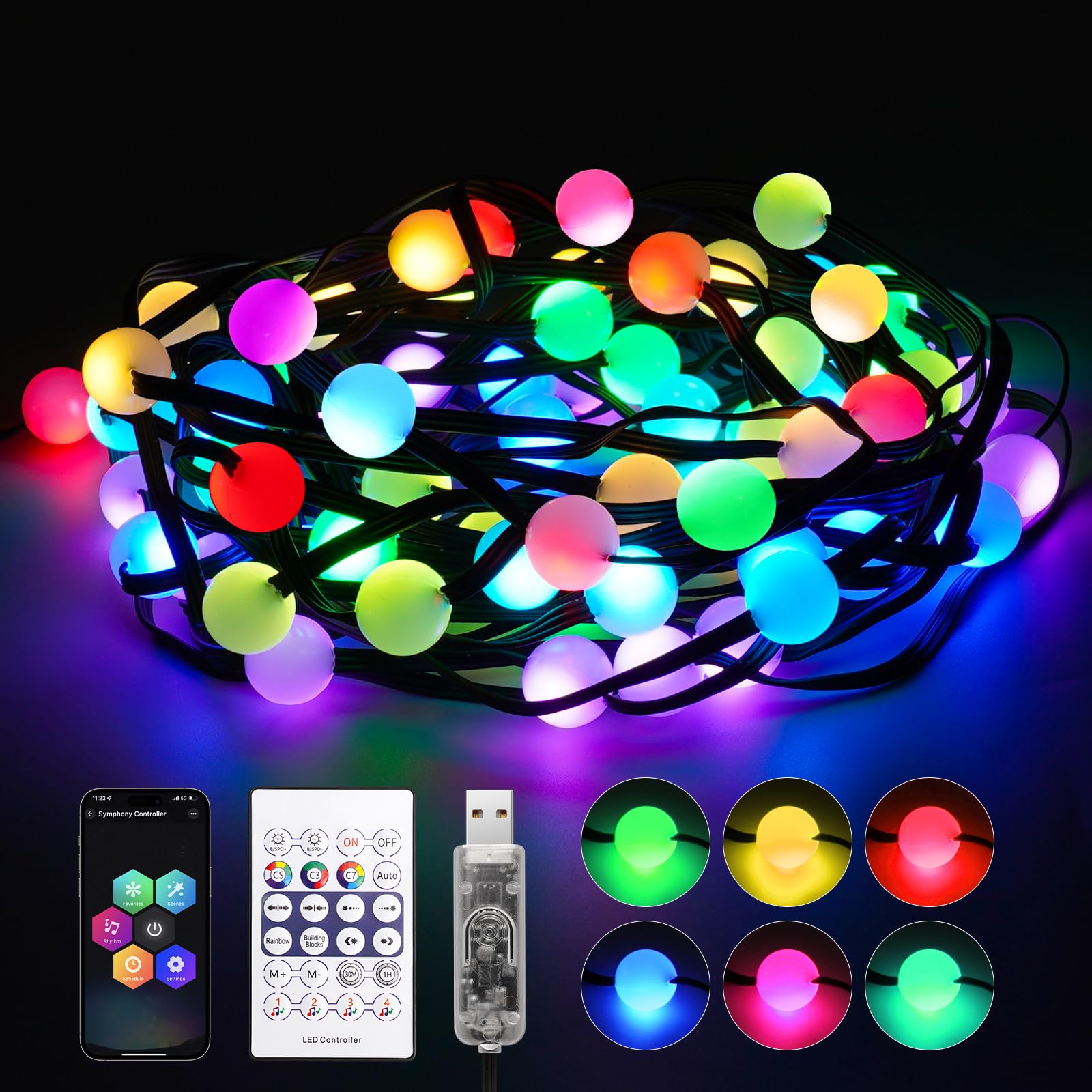 REYLAX USB Guirnaldas de Hadas RGB, 10 M 66 LED, Luces de Navidad Impermeables, Sincronización Con Música y Control Remoto, Para Exterior, Interior, Bodas, Dormitorio, Fiesta