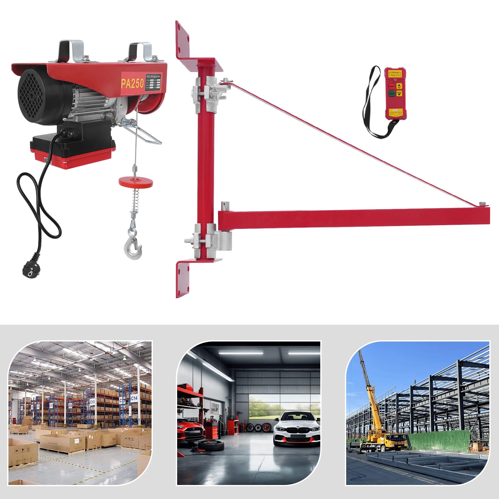 Cabrestante eléctrico, altura de elevación, 12 m, control inalámbrico, capacidad de carga de 250 kg, polipasto eléctrico para agricultura y obras - elevación segura de cargas (con brazo giratorio 3)