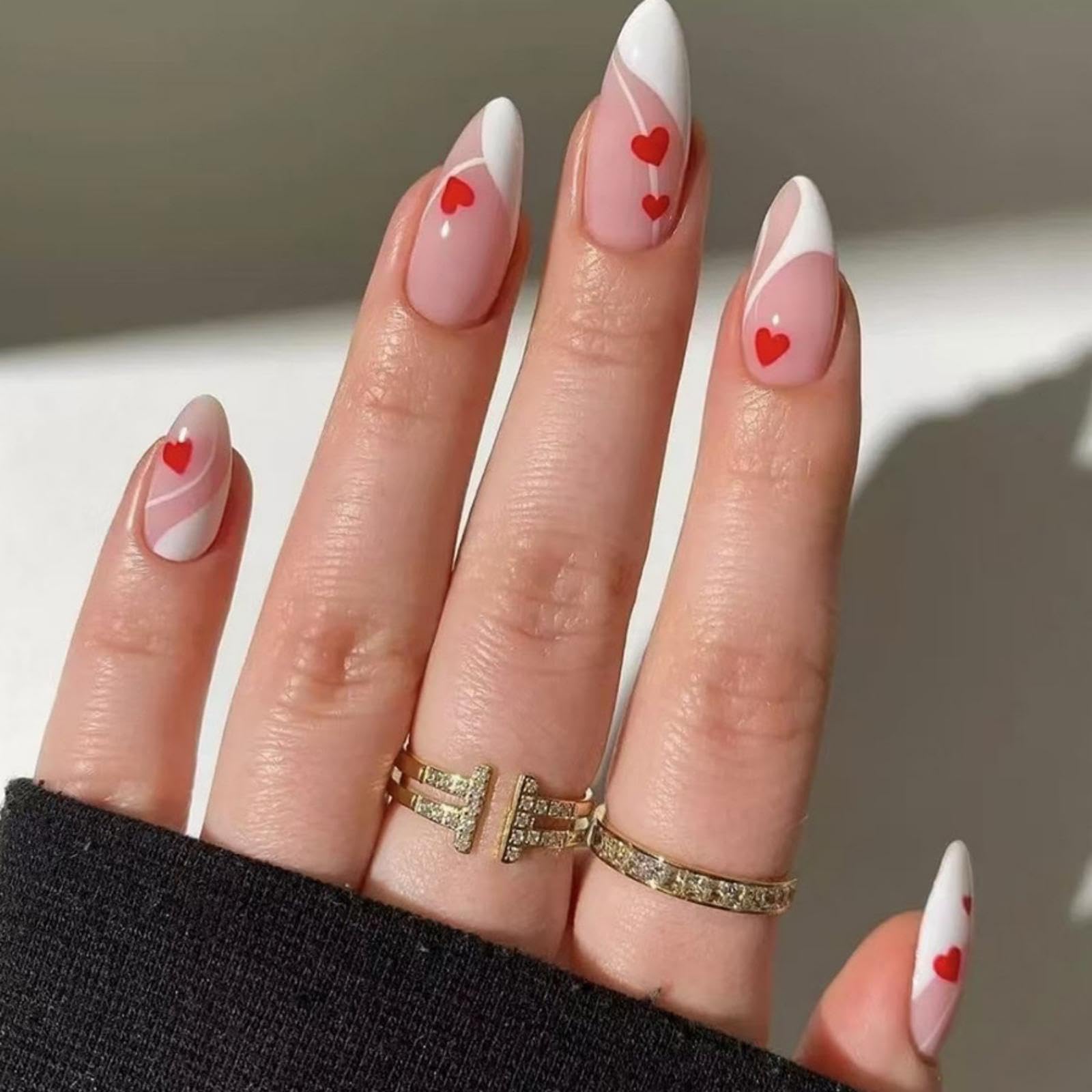 White French tips Press on Nails Medium Almond Fake Nails with Red Heart Design Curve Line Glue on Nails Glossy False Nails Reusable Valentine’s Day