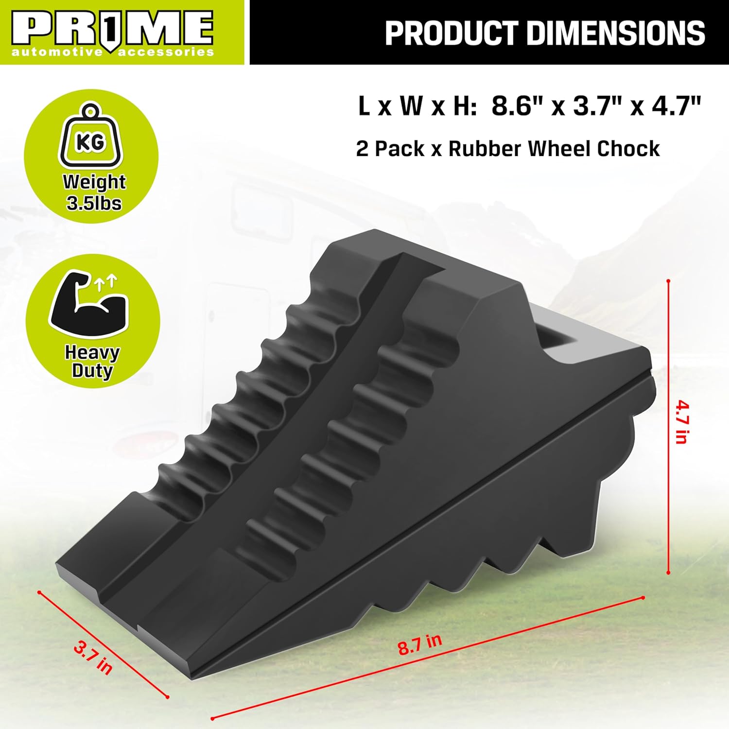 Prime 1 PR1ME Heavy Duty Rubber Wheel Chocks, Rubber Tire Blocks, RV Solid Rubber Wheel Wedge Blocks, 2 Pack Black 8.6" x 3.7" x 4.7", Carrying Handle, for Travel Trailer, Camper, RV, Truck