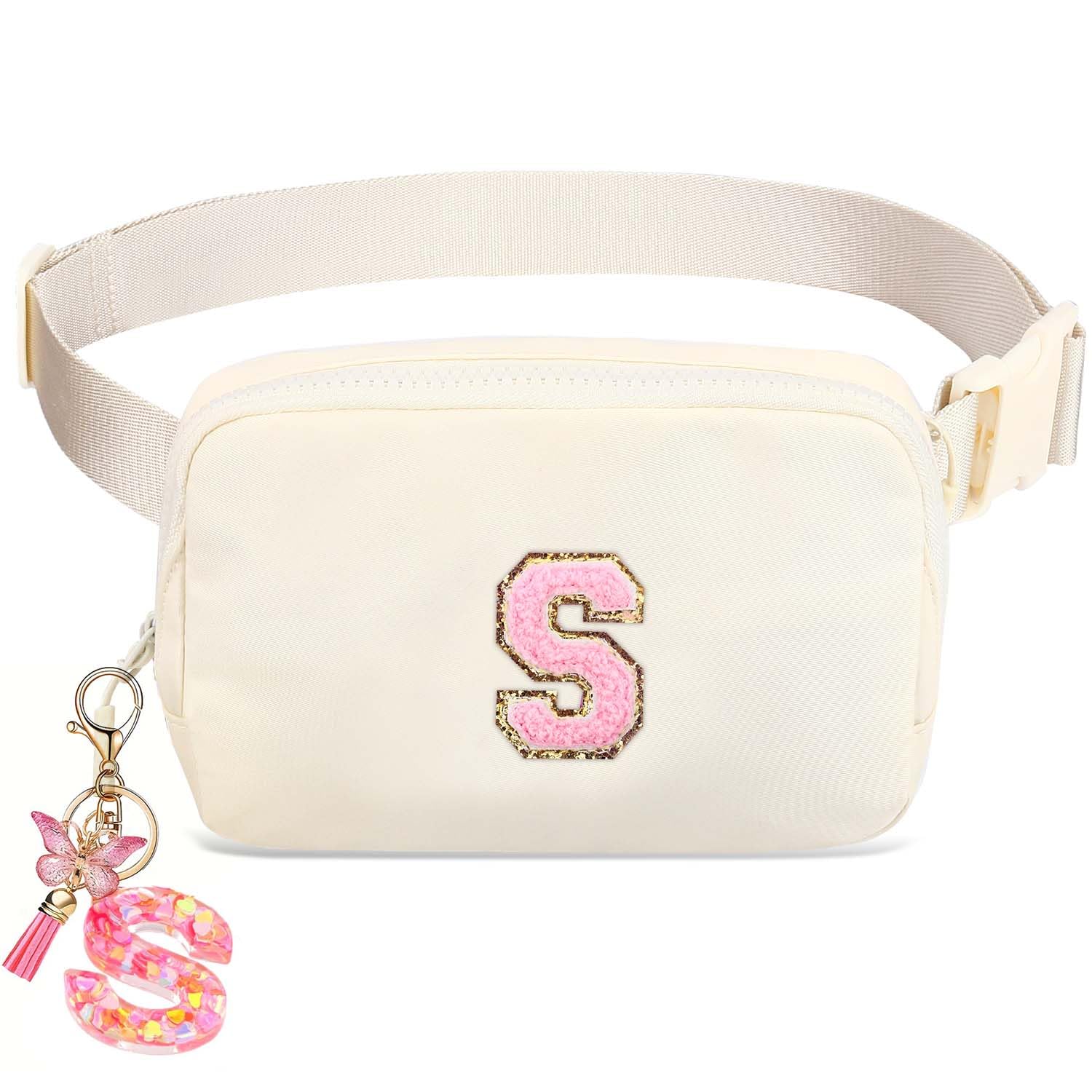 Birthday Gifts for Teenager Girls Kids - Personalized Belt Bag for Girls Women Fashion Waist Packs Trendy Travel Fanny Pack Crossbody Bags with with Initial Letter Patch Cute Stuff S, Beige