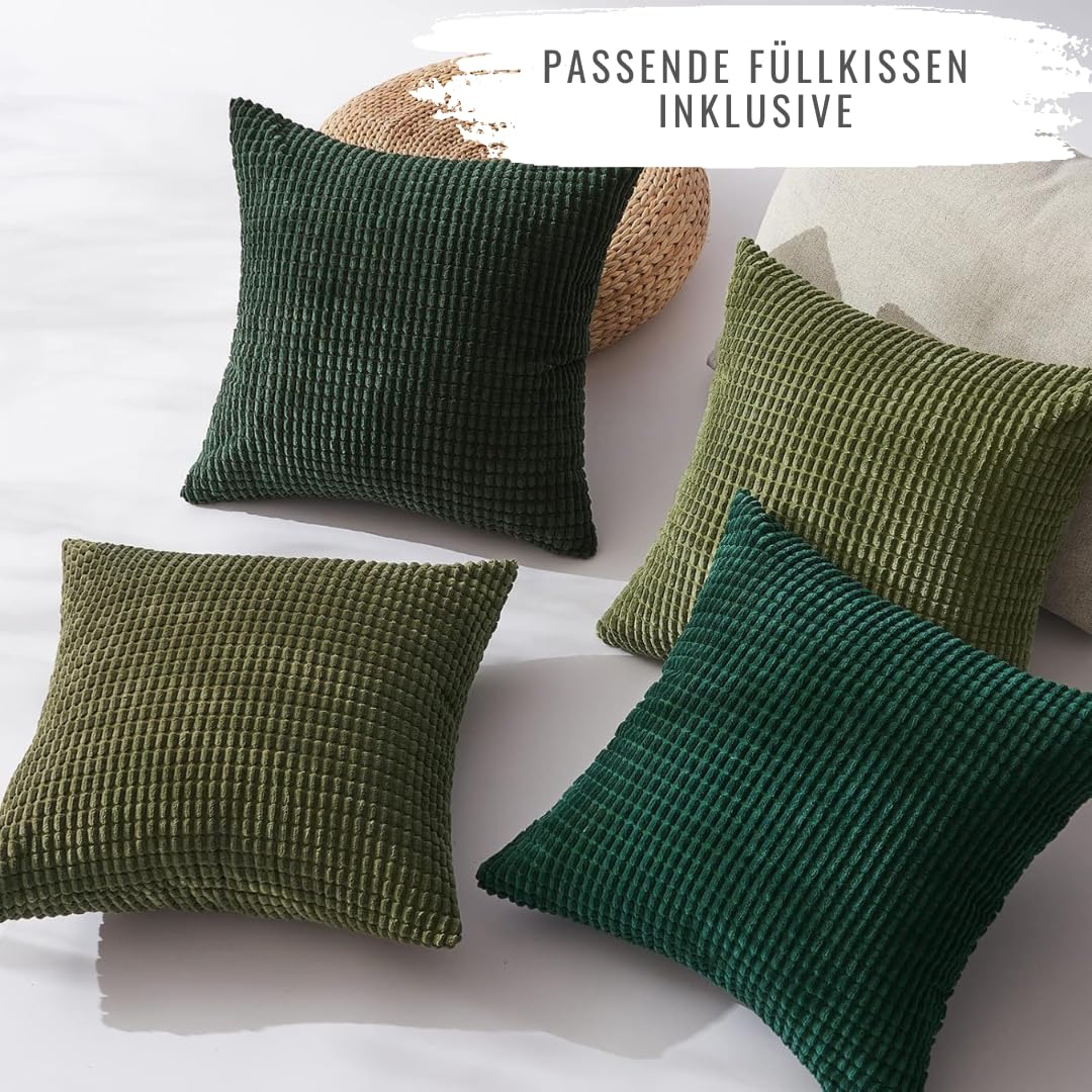 4er Set Kissen-Bezug inklusive Füllung, Modell Sven, Kord Samt Sofakissen Farbverlauf abgestimmit Couchkissen Dekokissen Zierkissen Kopfkissen, mit Reisverschluss, weich & angenehm (Grün, 50 x 50 cm)