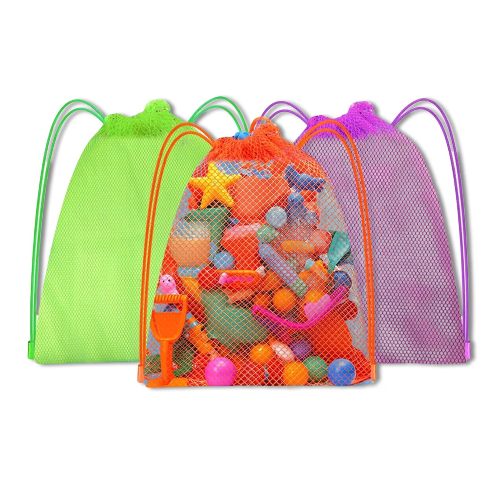Cosmeria Beach Bag, Pack of 3 Mesh Drawstring Bags for Beach, Sandbox and Outdoor Activities  Lightweight, Durable and Quick Drying