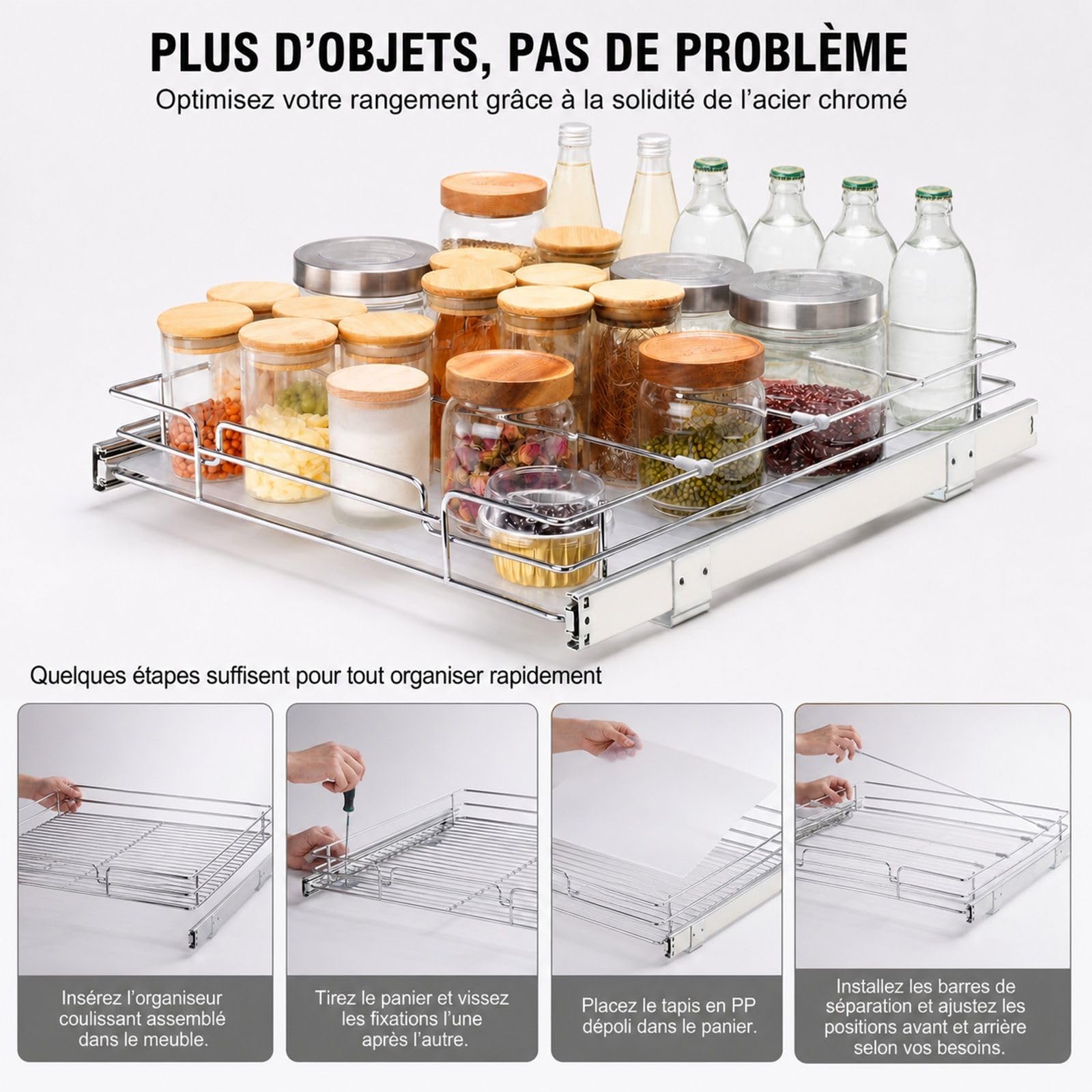 Panier Coulissant pour Placard sous évier, Organiseur de Cuisine, en Acier chromé, 1 étage
