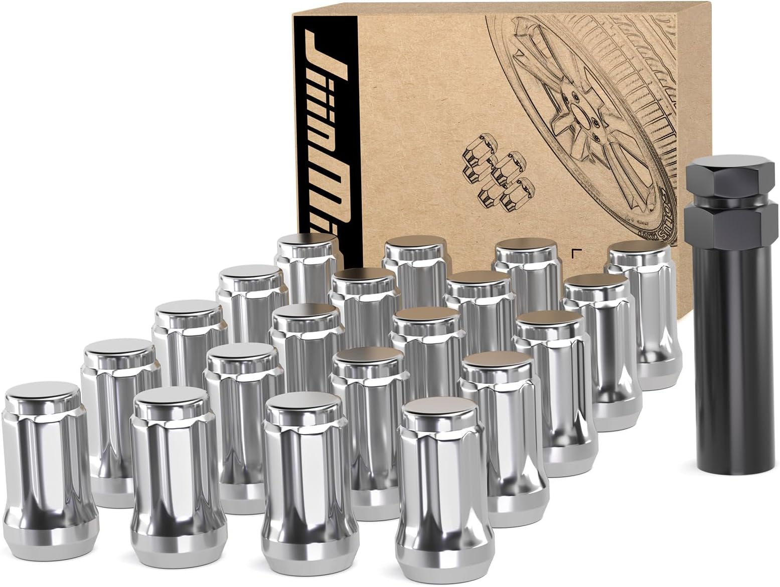 20PCS M12x1.5 Lug Nuts Chrome 6 Spline Tuner, Closed End Aftermarket Locking Lugnuts 1.38 inch Length with 1 Socket Key 60 Degree Conical/Cone Bulge Seat