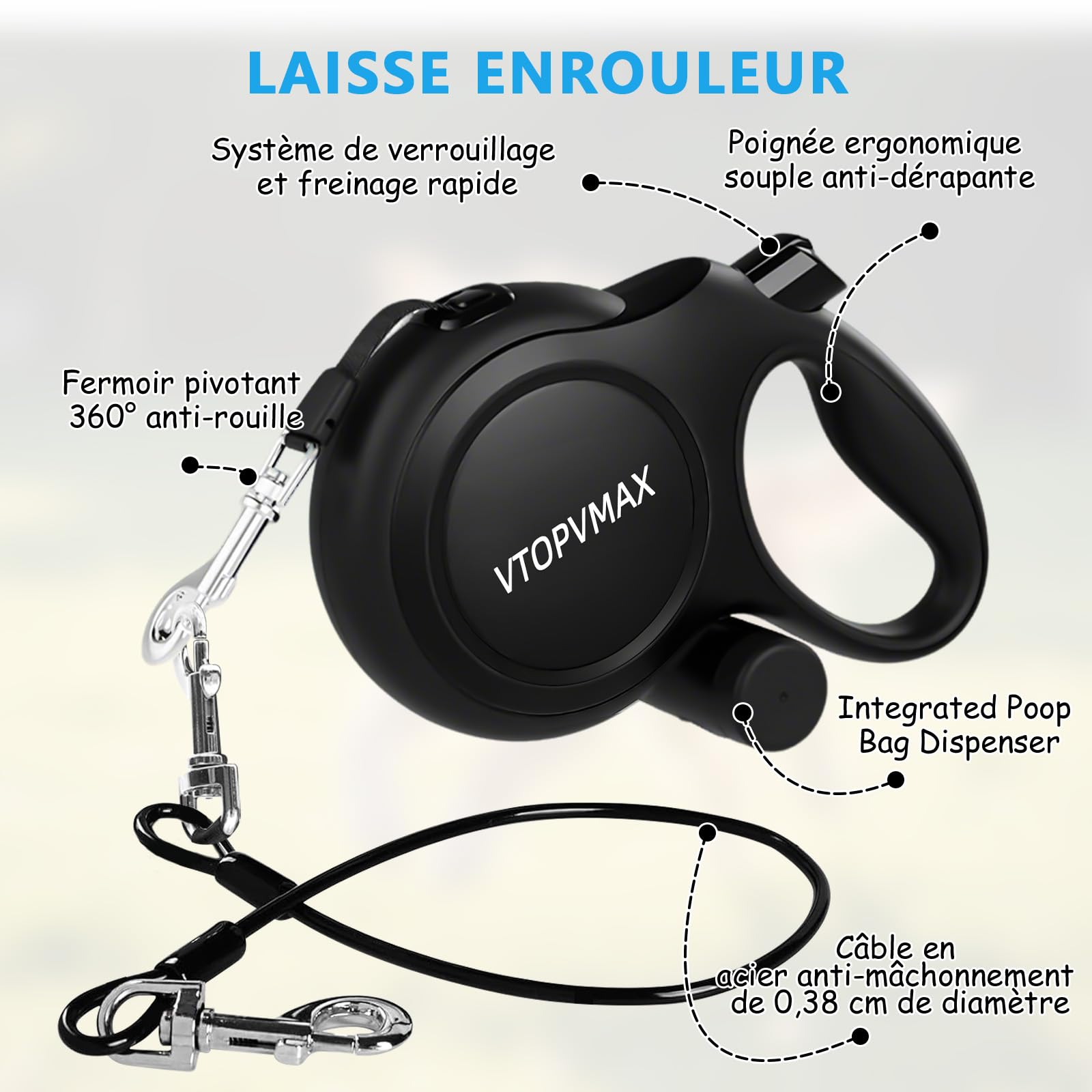 Laisse Chien Enrouleur 8m - pour Chiens de Taille Moyenne/Grande (jusqu'à 50 kg) - Laisse Renforcée avec Câble Anti-Morsure, Distributeur de Sacs à Déjections et Frein à Une Main (Noir)