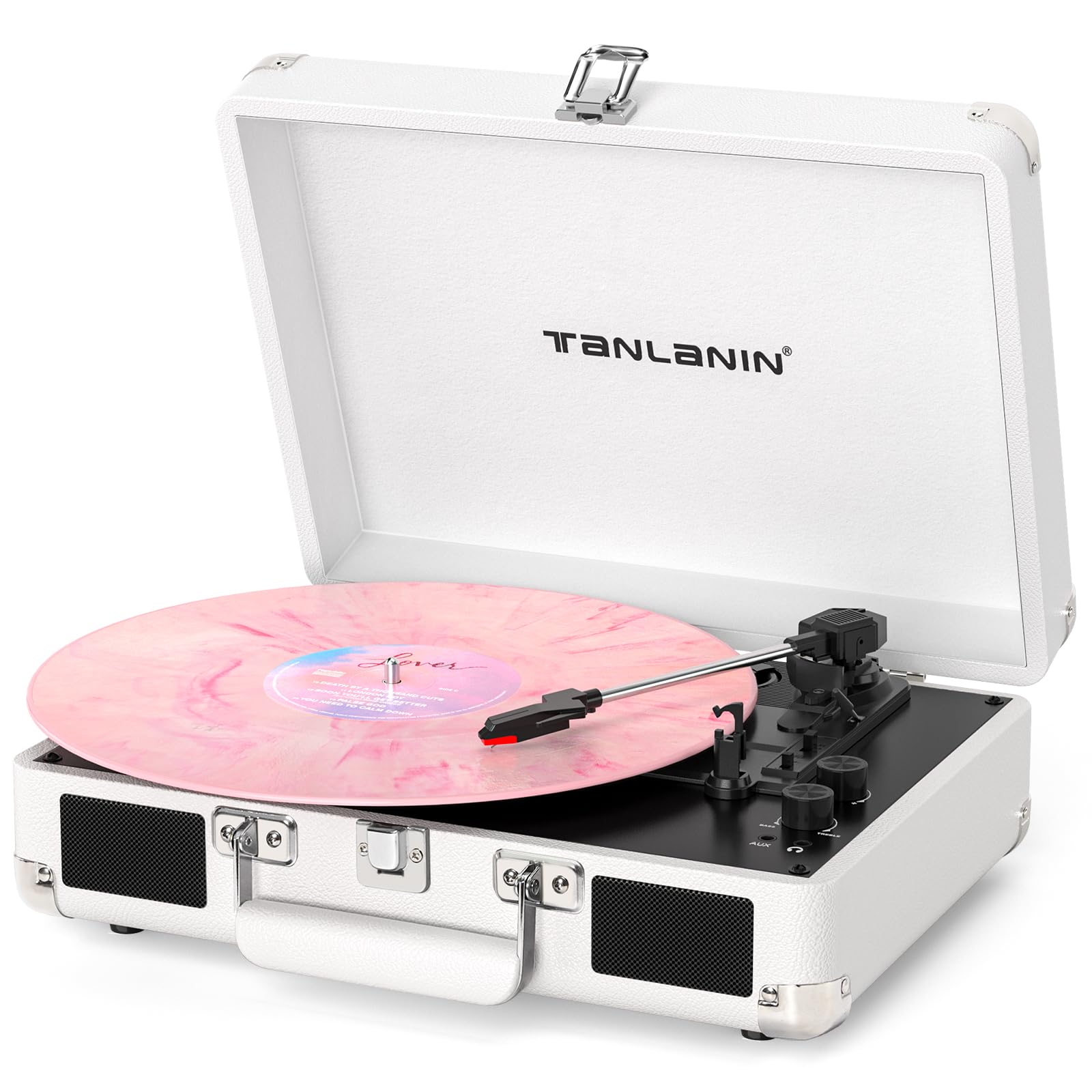 Tocadiscos de vinilo con altavoces integrados, tocadiscos Bluetooth de 3 velocidades para discos de vinilo, tocadiscos retro de maleta con control de graves y agudos, salida RCA AUX, conector para auriculares, elegante opción de regalo