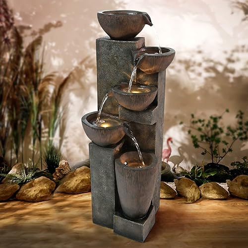 Gardenfans 40”H Garden Outdoor Fountains with LED Lights Modern Floor-Standing Waterfall Feature Fountain for Garden, Patio, Deck, Porch, Backyard and Home Art Decor Brown