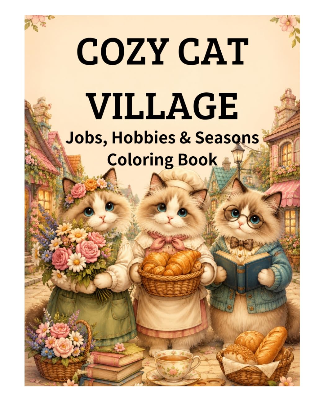 Cozy Cat Village Coloring Book: 50 Adorable Coloring Pages of Jobs, Hobbies & Seasonal Adventures for Relaxation and Stress Relief