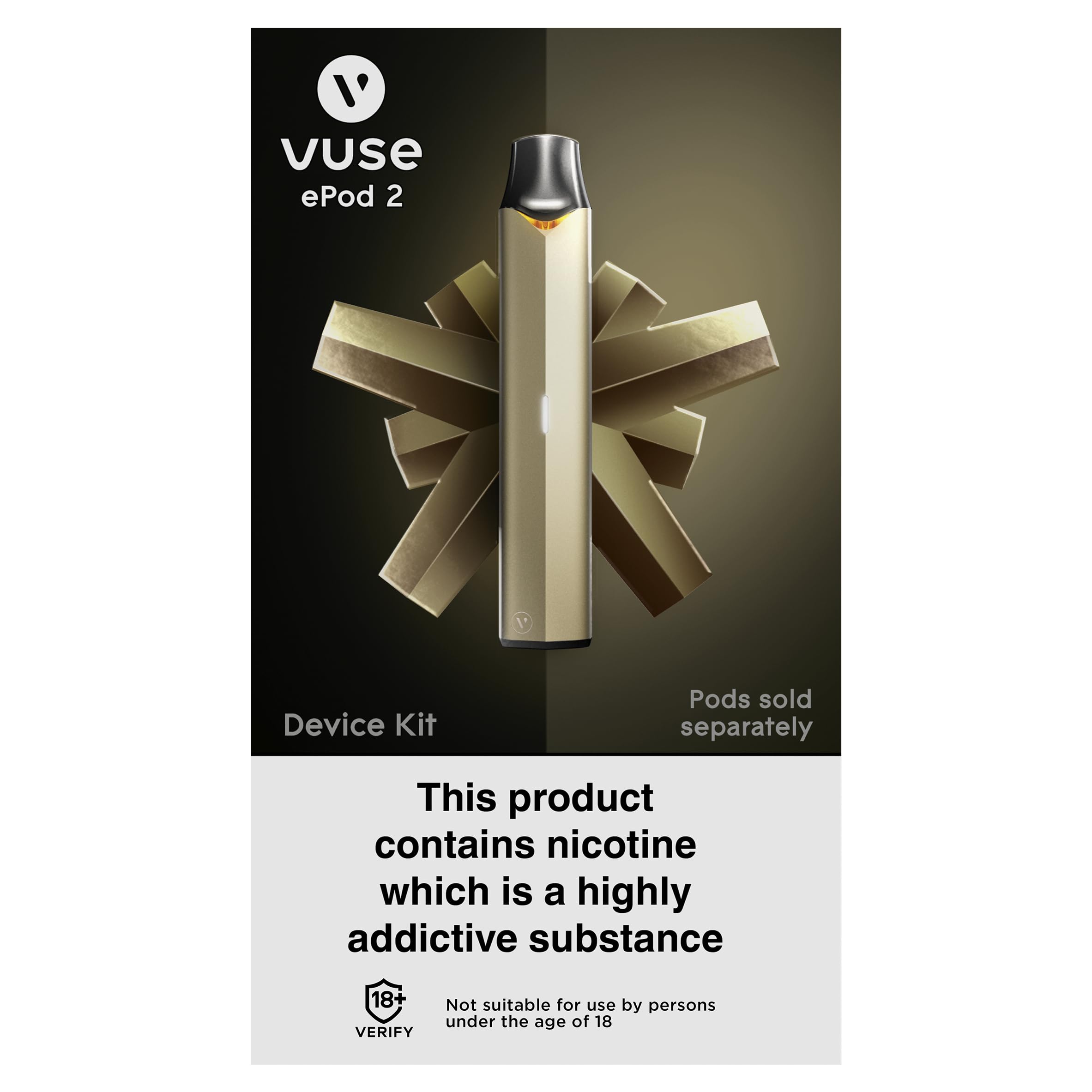 Vuse Pro Vape Kit, Slim Design, Fast Charging, Splash-Resistant, reusable, rechargeable, refillable, compatible with Vuse ePod 2 pods (Sold Separately), Gold