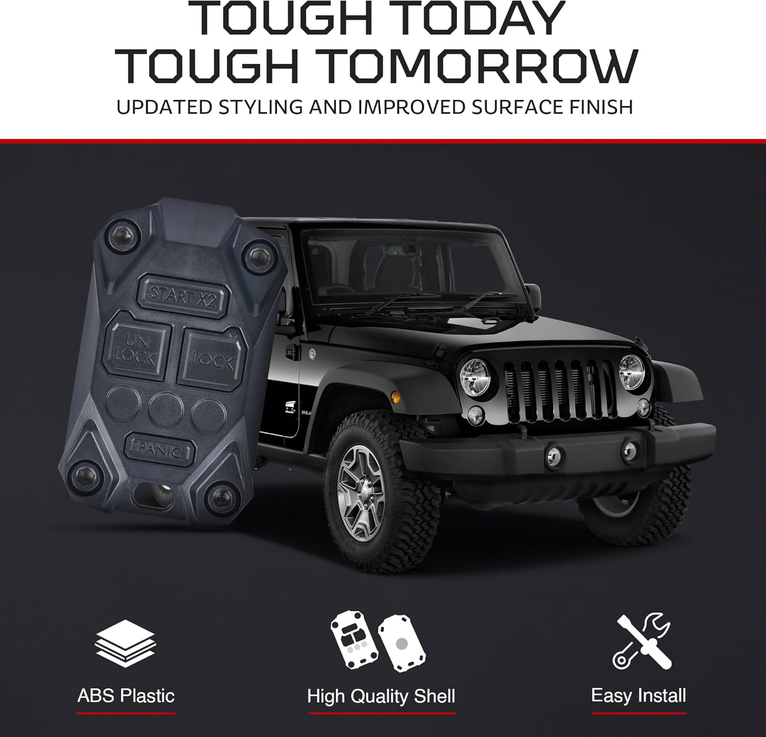 AJT DESIGN Compatible Jeep Wrangler JK Key Fob Replacement Case (2007–2018) | Rugged Key Fob Case / Key Fob Shell | Fits Remote Start & Non‑Remote | Bolt‑Together PC‑ABS | Made in USA - Black