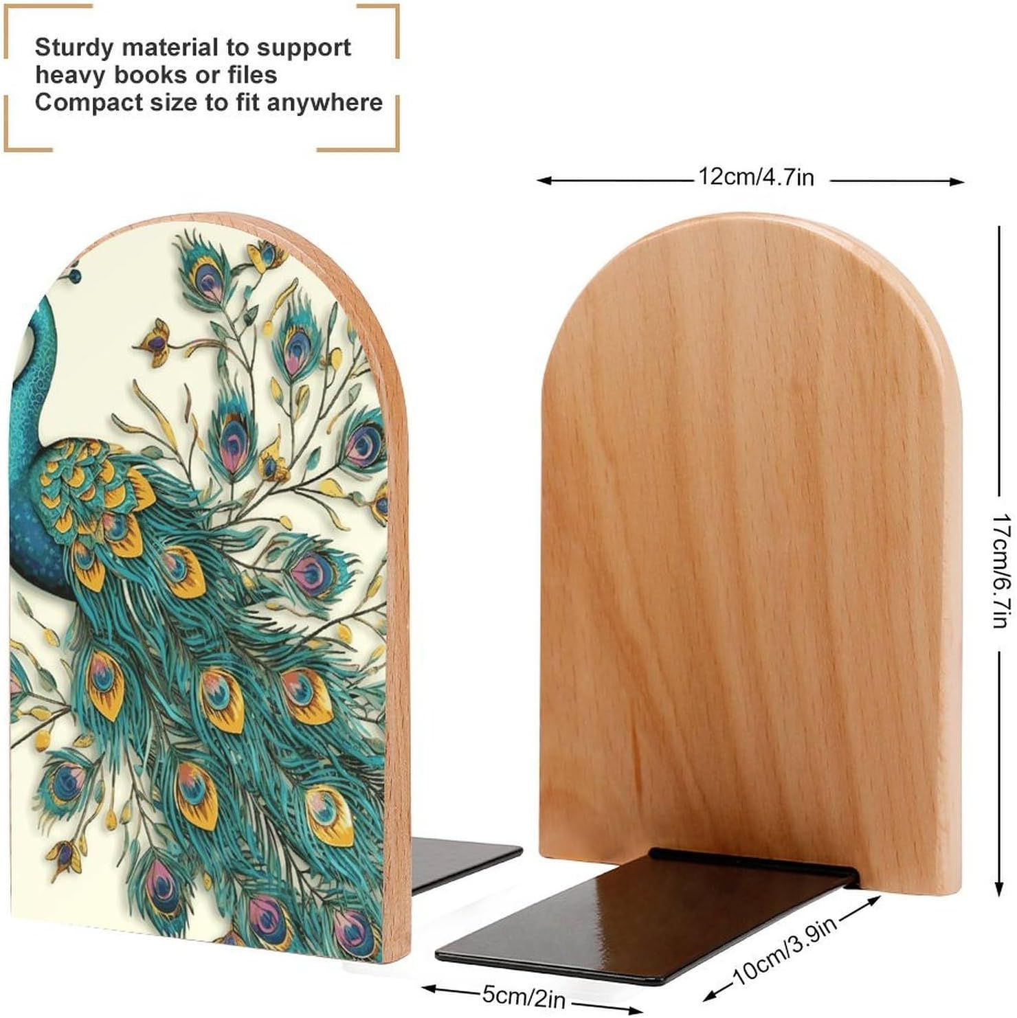 Peacock Pattern Heavy Duty Wooden Bookend Non-Slip Book Ends image 2