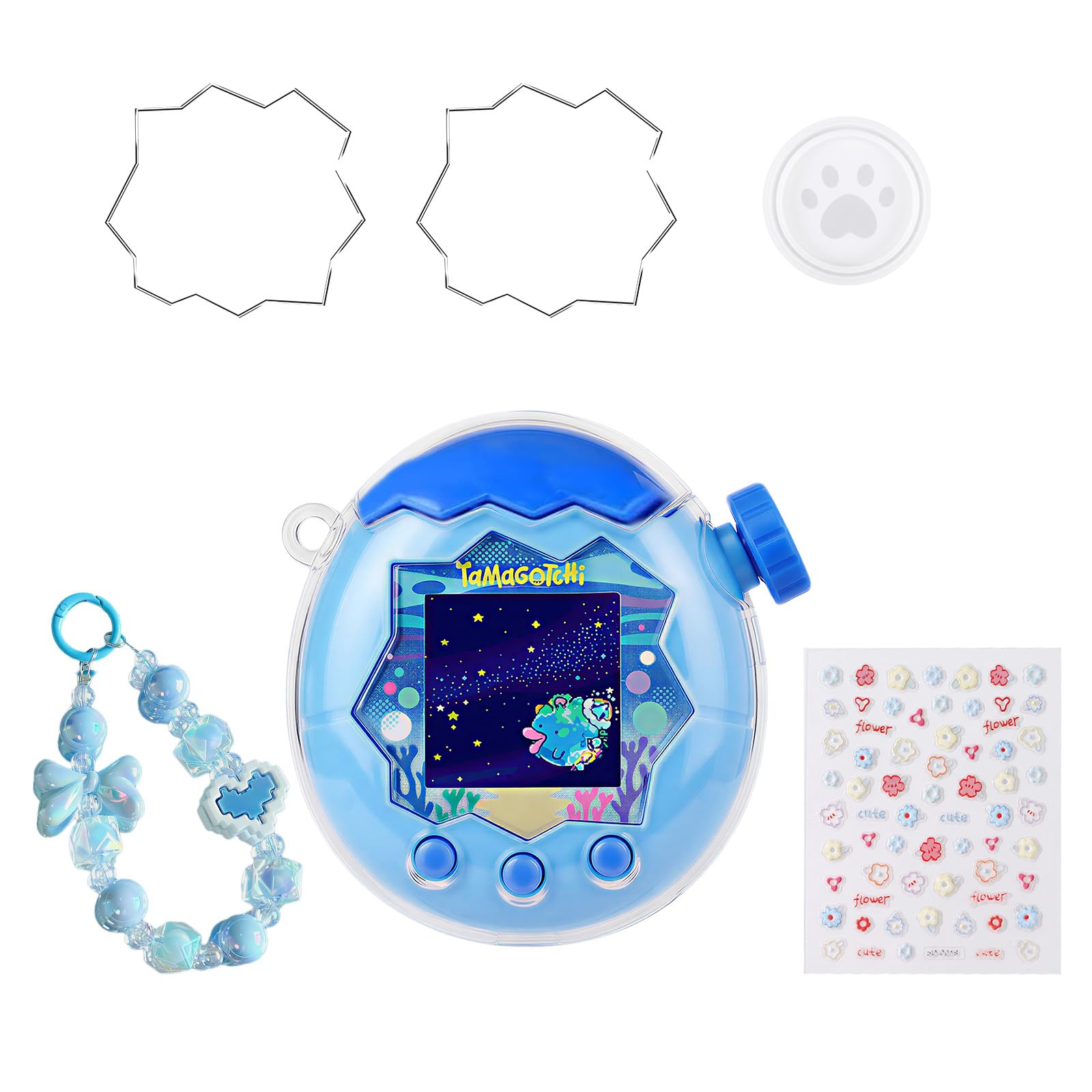 For Tamagotchi Paradise たまごっちパラダイス ケース カバー 【5点セット】 可愛い ストラップ付き 通信に対応 PC素材 落下防止 透明カバー ズームダイヤルカバー+フィルム+ステッカー付き (ブルーストラップ)