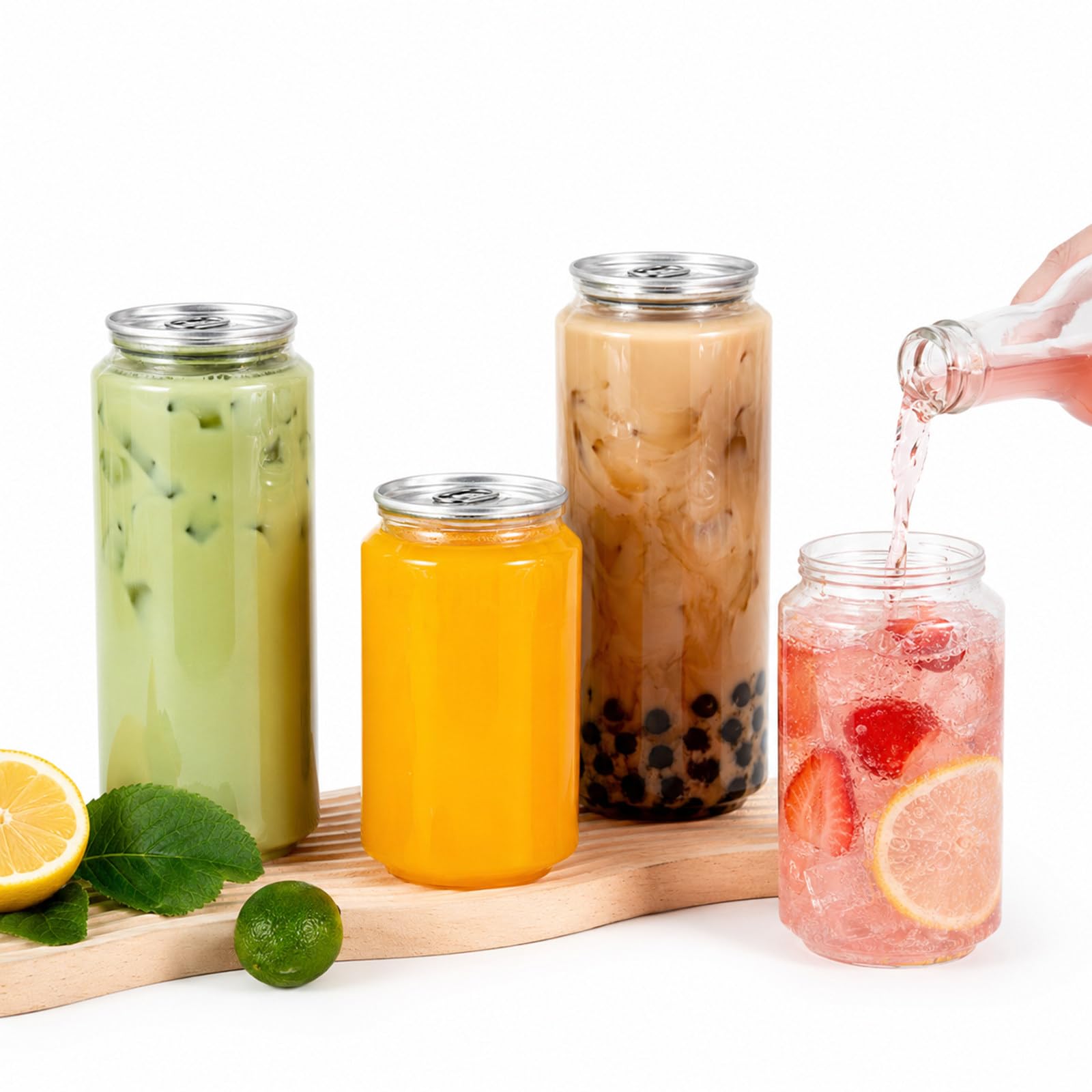 Transparente PET-Flaschen in Dosenform mit 250 ml Volumen und Aluminiumdeckeln mit Aufreißlasche, für Saft, Eiskaffee und Bubble Tea in Cafés, 200 Stück 500ml/5.04in