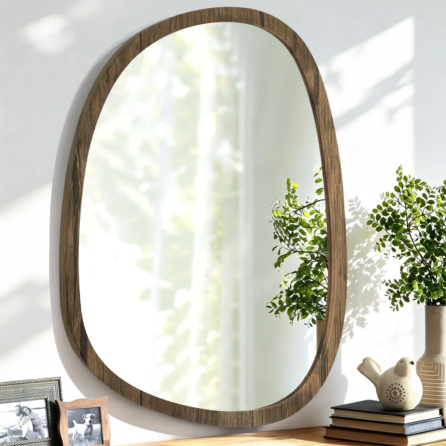 Lzuso Wood Brown Brown Irregular Wooden Framed Mirrors Hanging Asymmetrical Mirror For Wall Modern Wall Mirror Unique Shape Decorative Vanity Bathroom Living Room Bedroom Entryway Hallway Artistic Oval Mirror