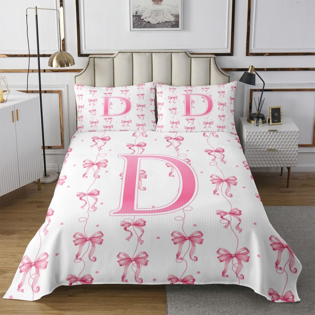 jejeloiu Pink Bowknot Bedspread Quilts Initial Letter D Coverlet Set Queen Size for Kids Boys Girls Monogrammed Quilted Coverlet for All Season with 2 Pillowcases Coquette Bows Microfiber