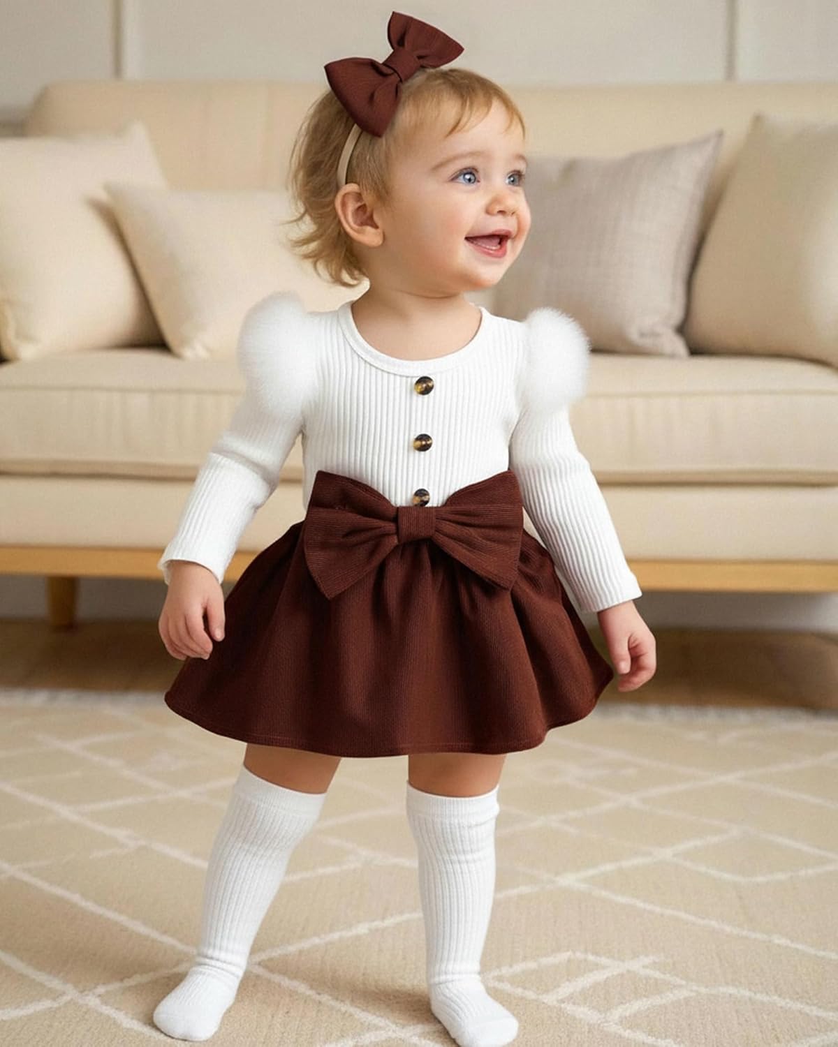 Newborn Baby Girl Fall Winter Outfits Infant Ribbed Romper Dress Ruffle Long Sleeve Clothes Jumpsuit with Bow Headband - Image 2