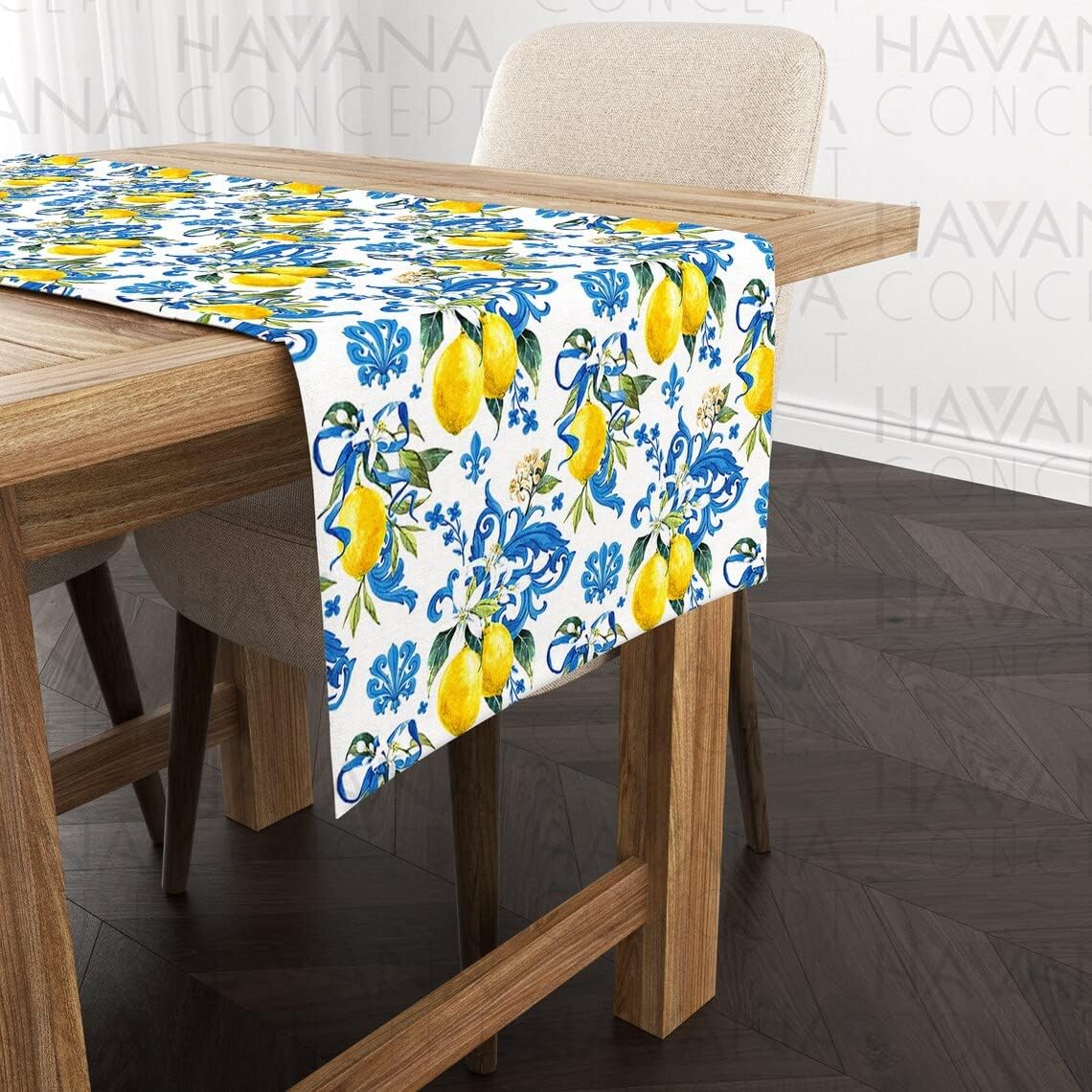 Damask Lemon Print Table Runner Baroque Floral Lemon Flowers and Leaves Print