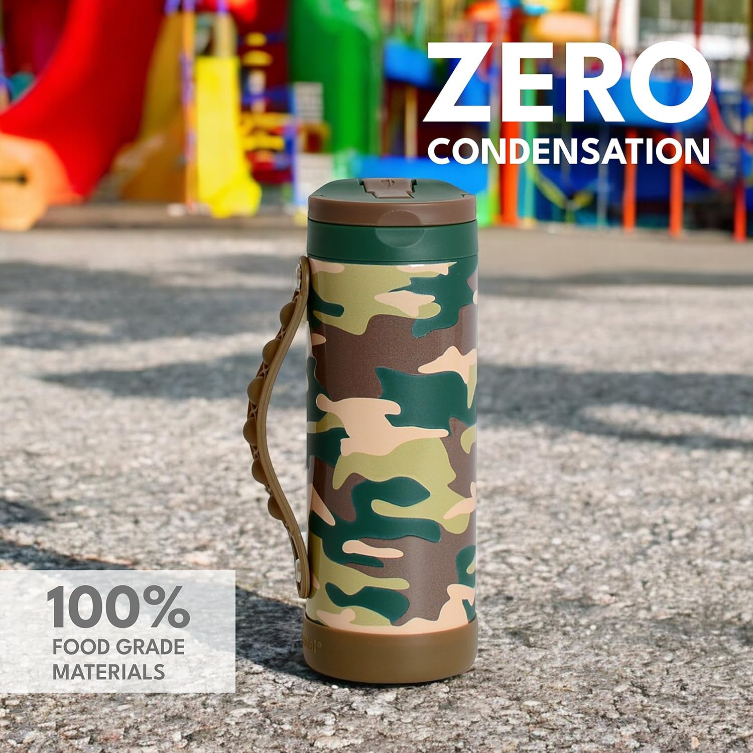 Elemental Iconic Kids Water Bottle for School - 100% Leak-Proof Insulated Water Bottles with Straw Lid & Pop-It Handle for Boys & Girls - Triple-Wall Insulated & BPA-Free, 14oz – Green Camo - Image 4