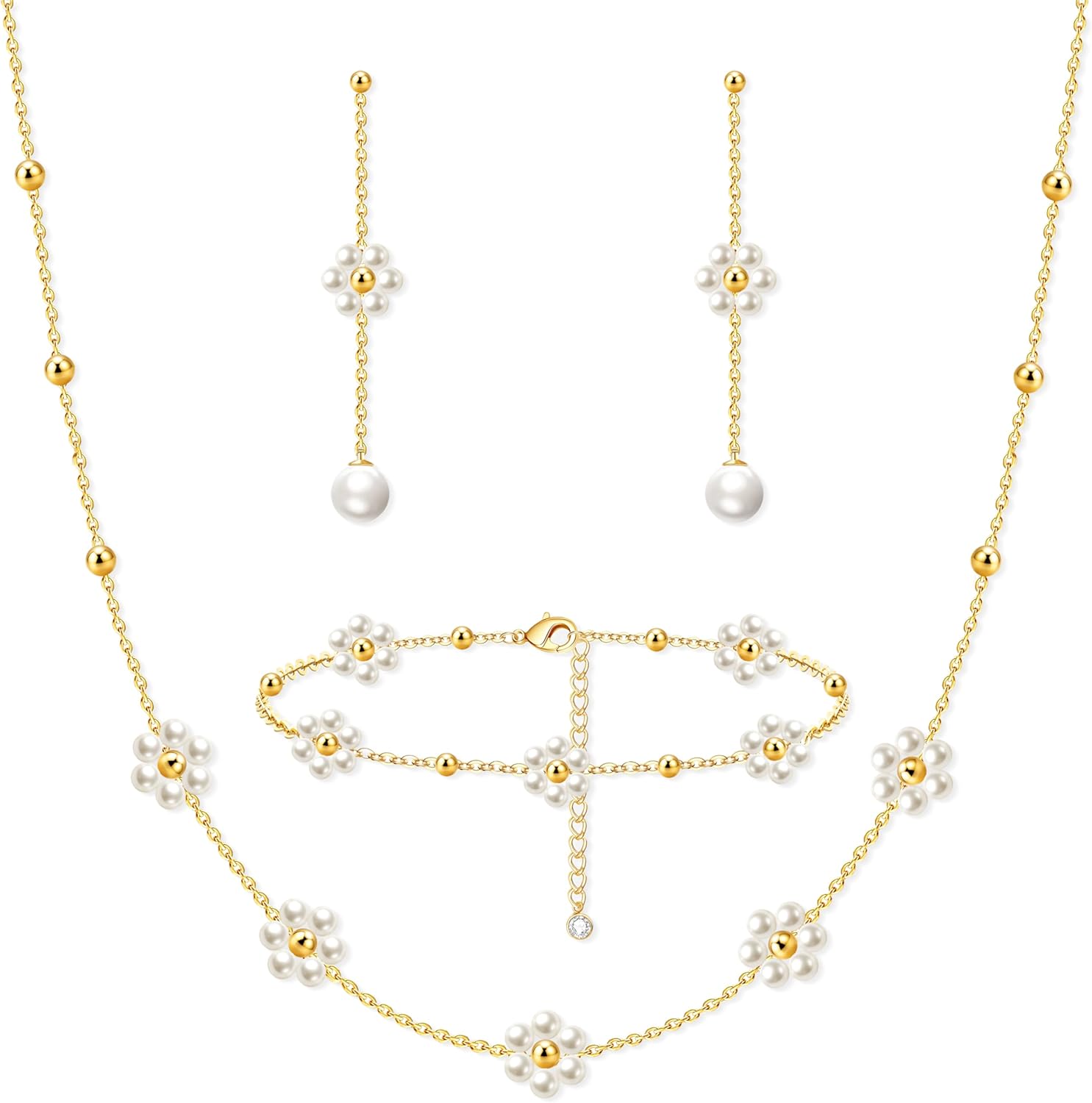 Zeffy Gold Pearl Necklace for Women, Dainty 14K Gold/Silve Plated Layered Pearl Choker Pearl Earrings Pearl Bracelets Wedding Trendy Gold Jewelry Set for Women Gifts