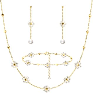 Zeffy Gold Pearl Necklace for Women, Dainty 14K Gold/Silve Plated Layered Pearl Choker Pearl Earrings Pearl Bracelets Wedding Trendy Gold Jewelry Set for Women Gifts
