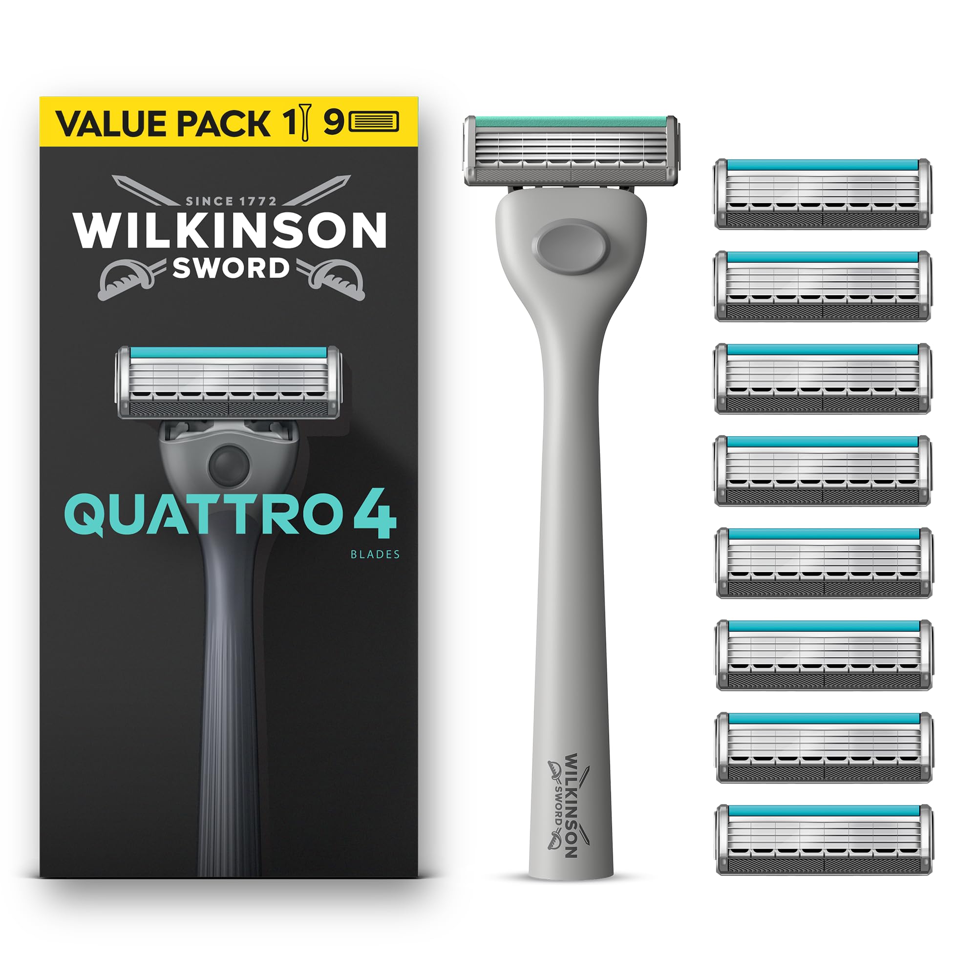 Wilkinson Sword Quattro Men's 1 Razor + 9 Blade Refills Pack