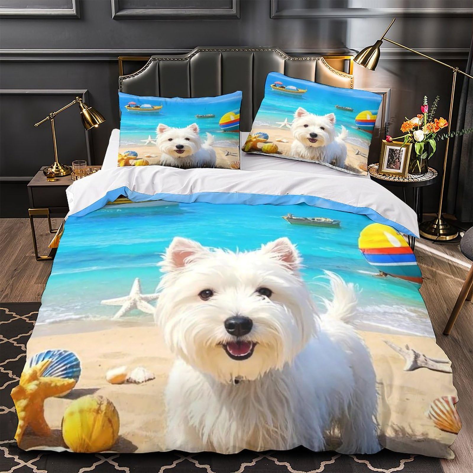 Housse de couette chien plage 3D pour lit une place